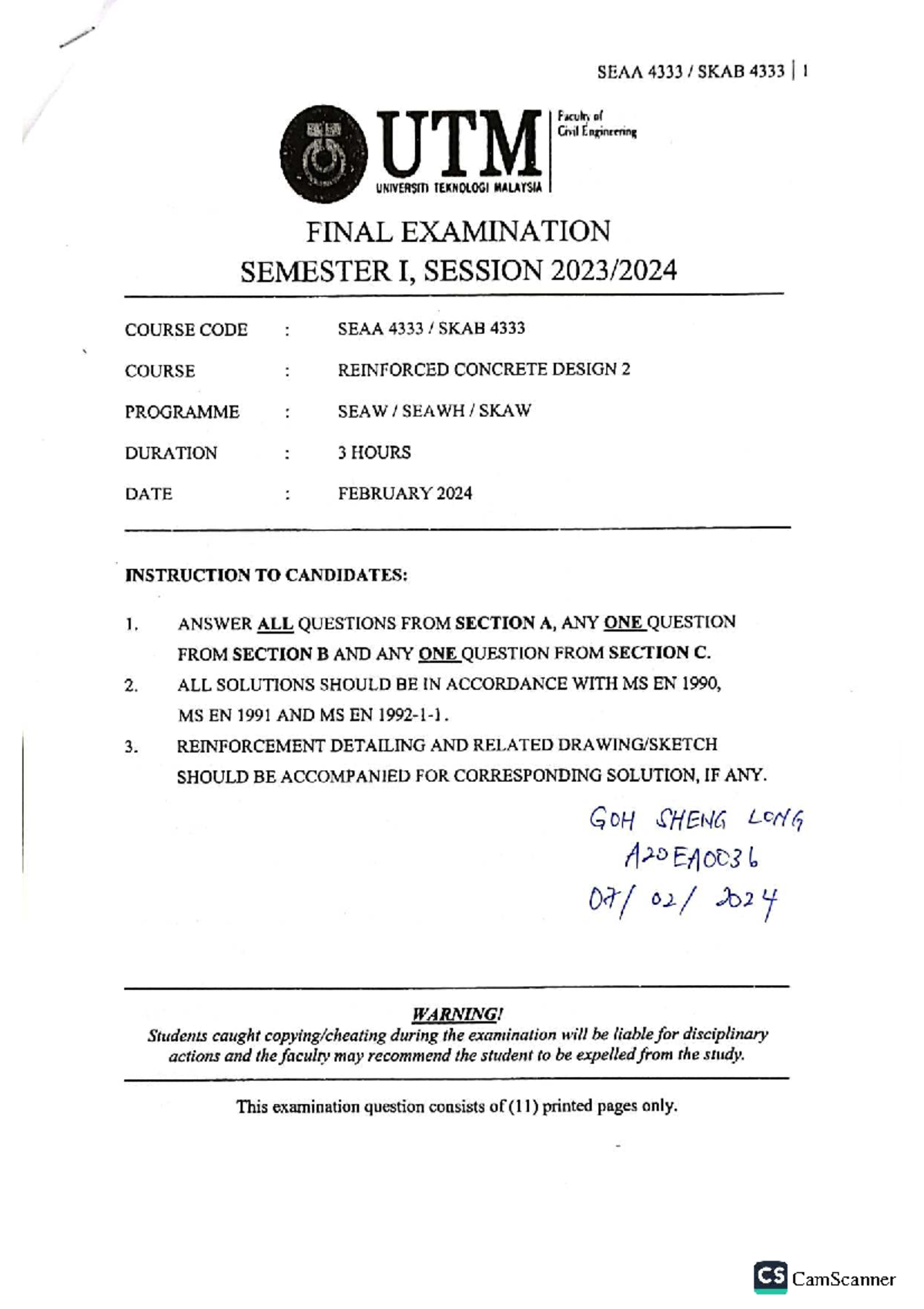 SEAA SKAB I: Final Exam Reinforced Concrete Design 2 - Feb 2024 - Studocu