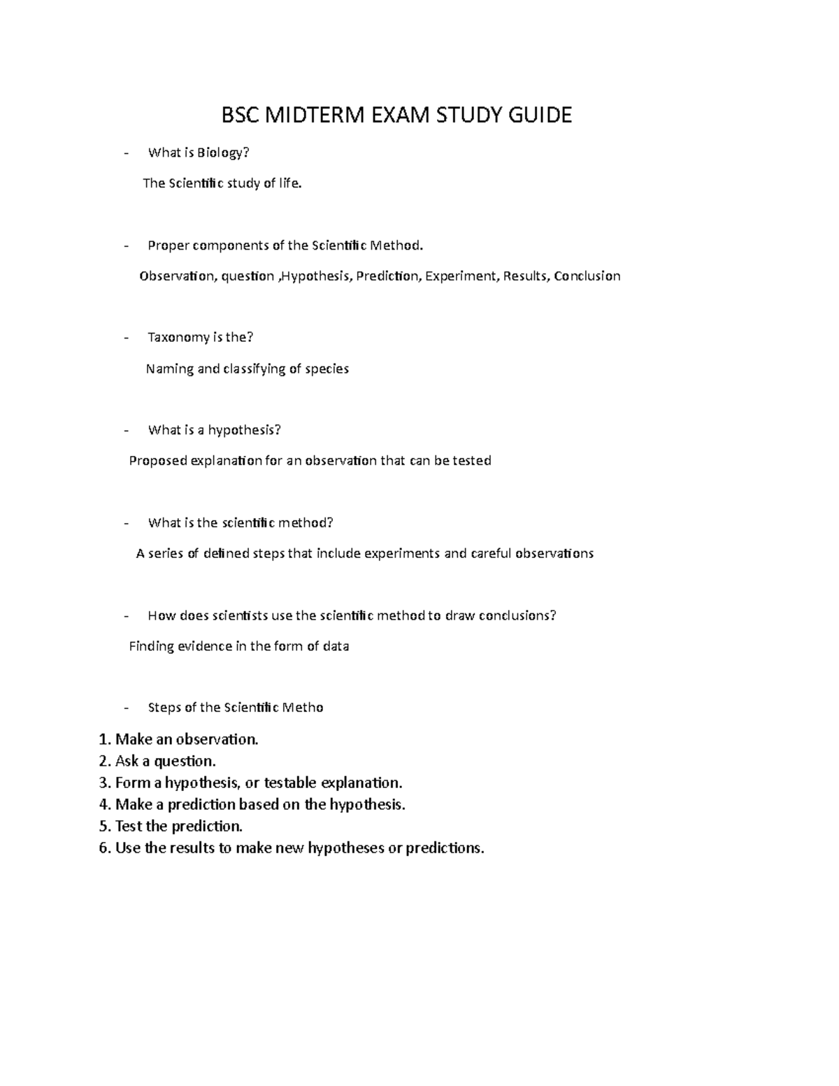 BSC 101 Midterm Exam Study Guide: Key Concepts in Biology - Studocu