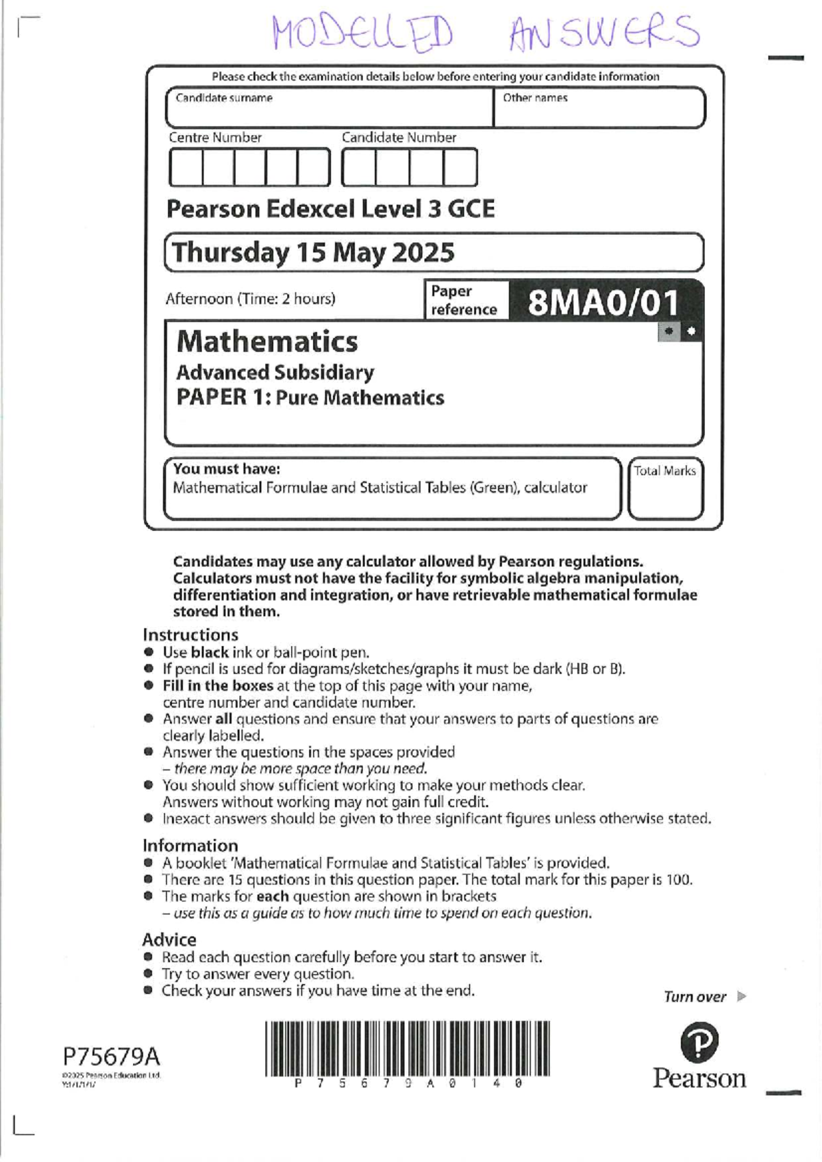 AS Mathematics Paper 1: Modelled Answers for Exam Preparation - Studocu