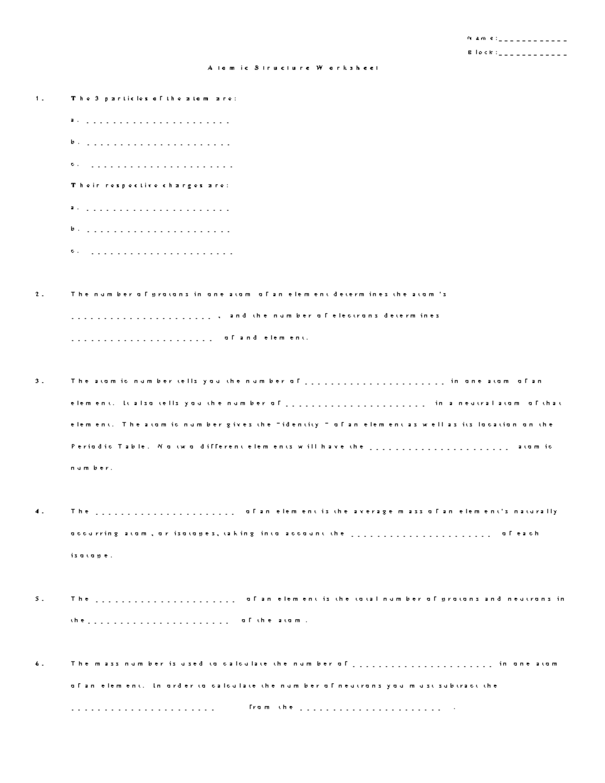 Atomic Structure Worksheet 1: Key Concepts and Definitions - Studocu