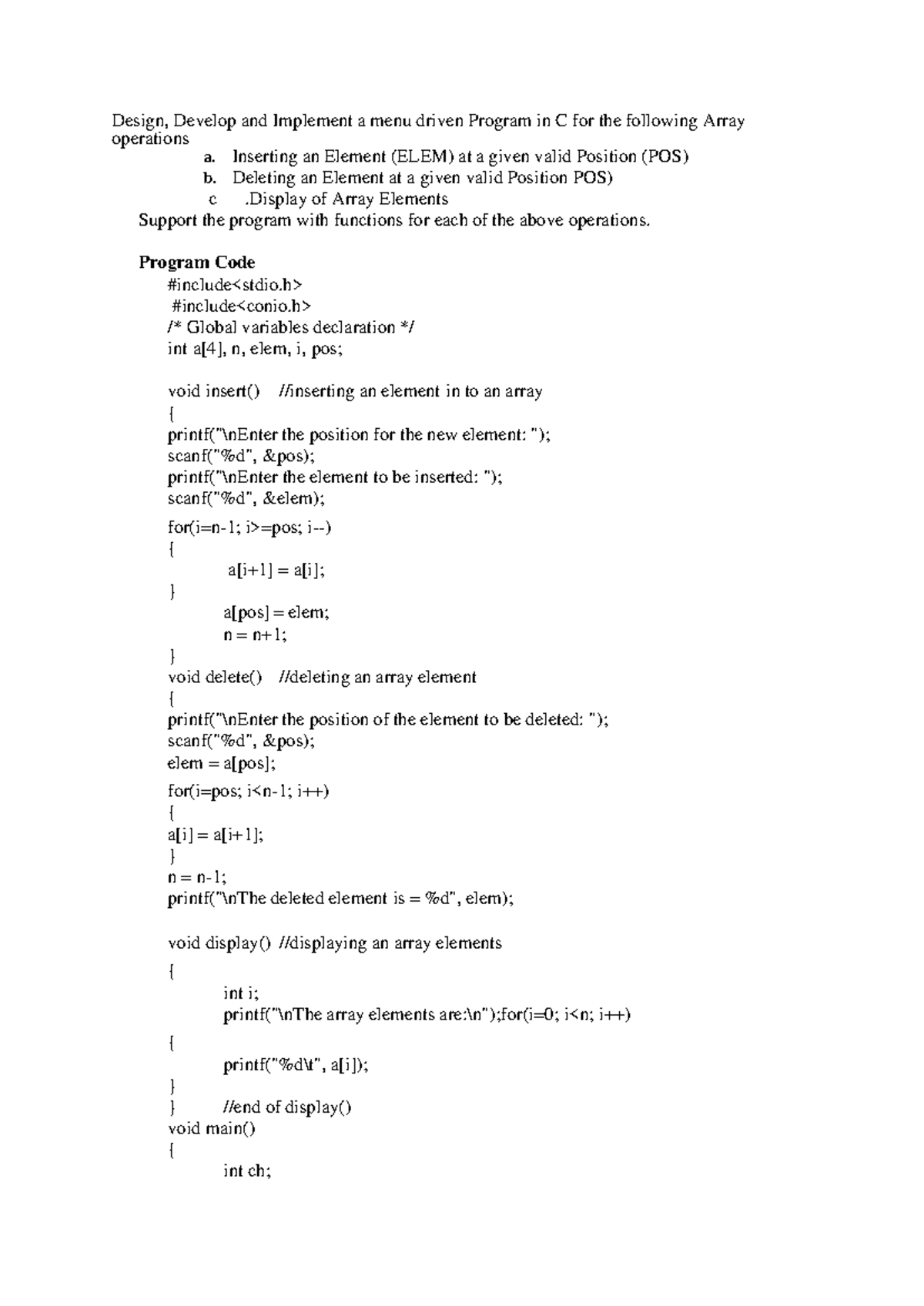 C Programming: Array Operations (Insert, Delete, Display) - Studocu