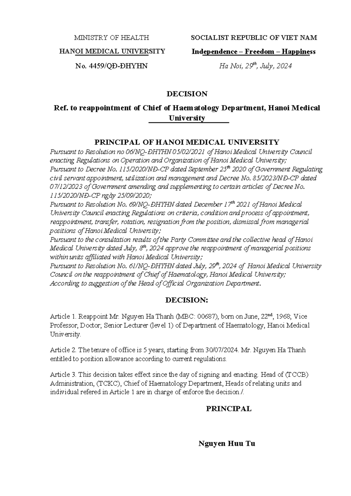 Reappointment Decision for Chief of Haematology Dept. - HMU - Studocu