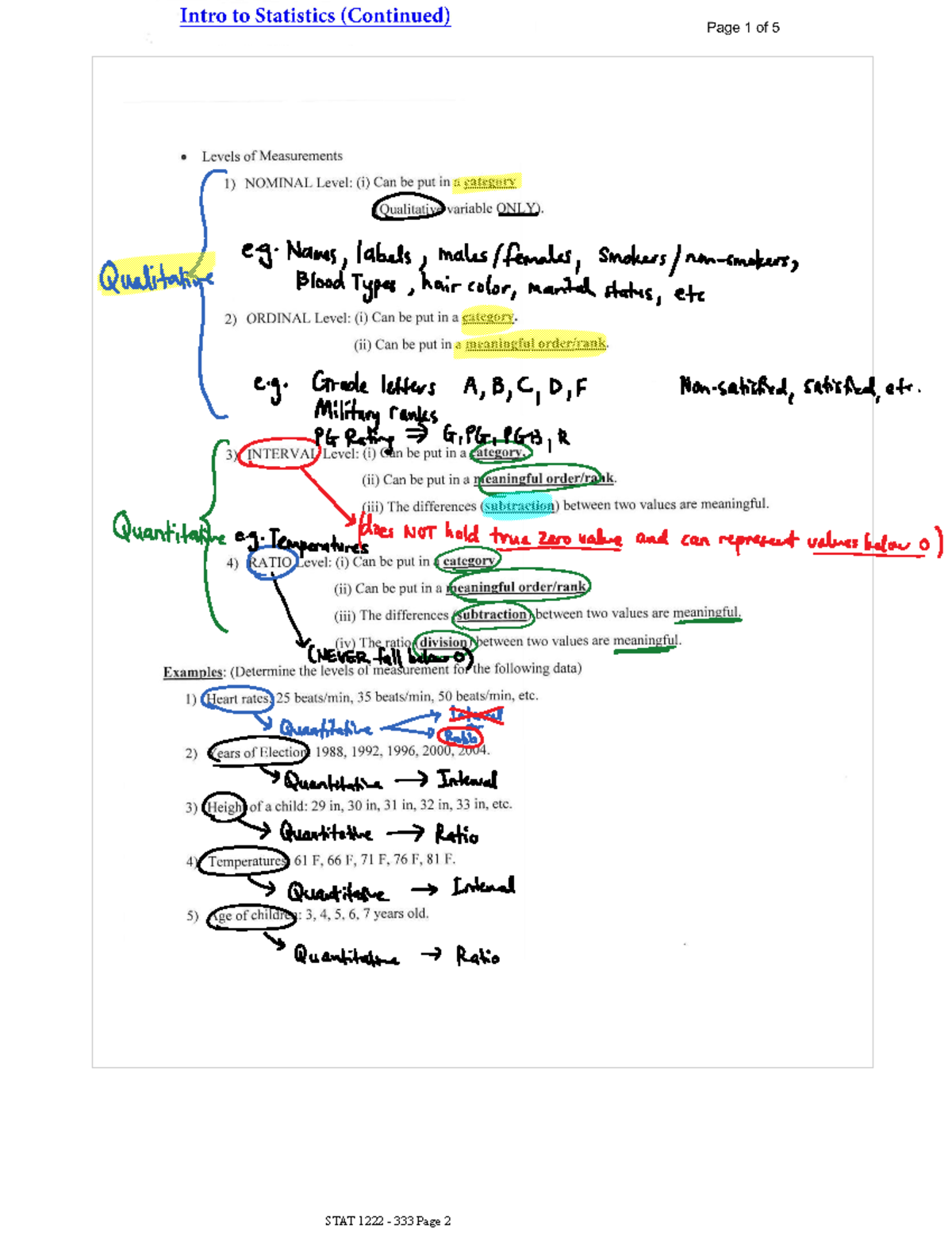 STAT 1222 Statistics Course Notes and Practical Applications - Intro to ...