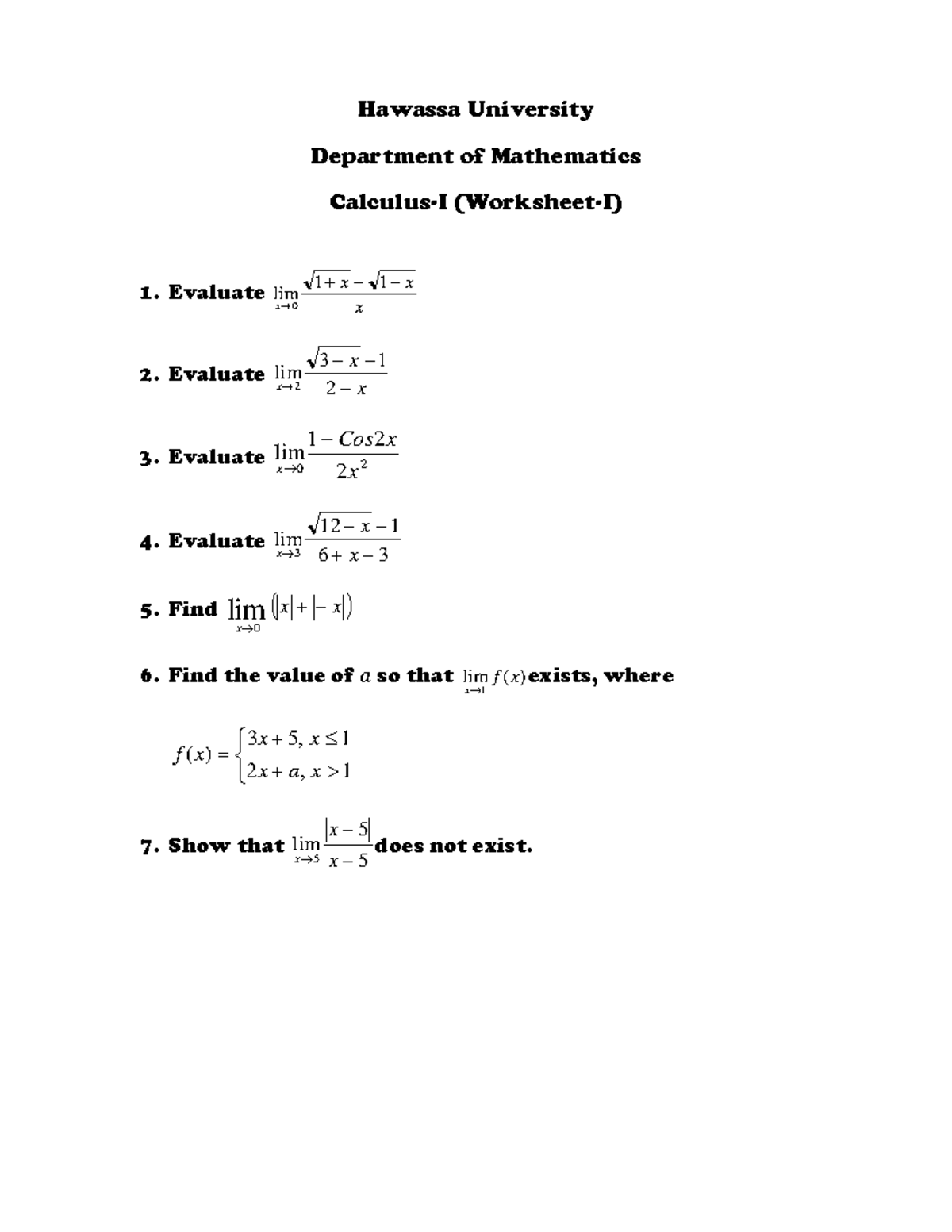 Calculus-I Worksheet - work paper - Hawassa University Department of ...