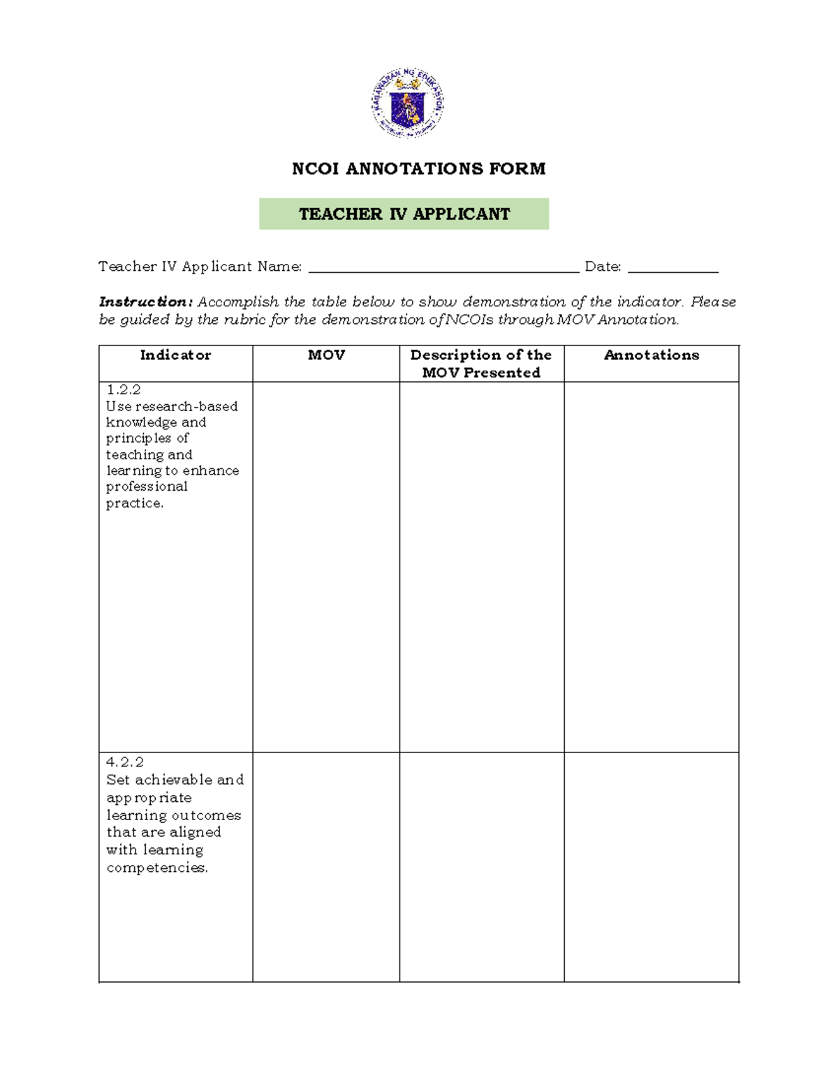 NCOI Annotations for Teacher IV Applicant - Reference Guide - Studocu
