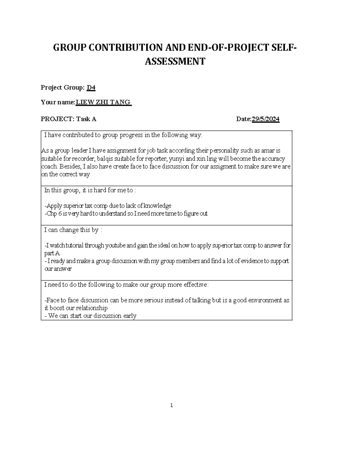 A232 BKAT3023 PBL Group Contribution & Self-Assessment Report - Studocu