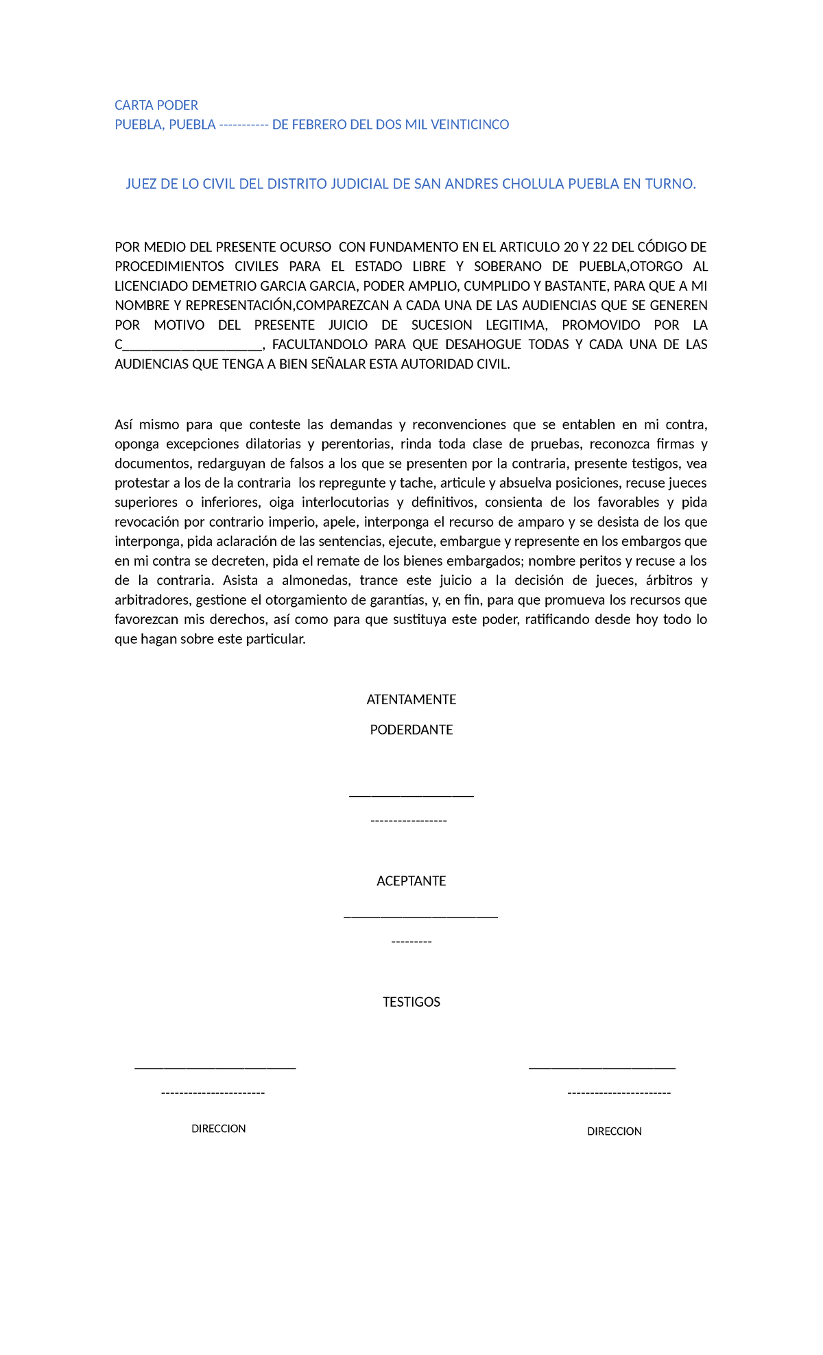 Carta Poder CIVL - CARTA PODER PUEBLA, PUEBLA - DE FEBRERO DEL DOS MIL ...