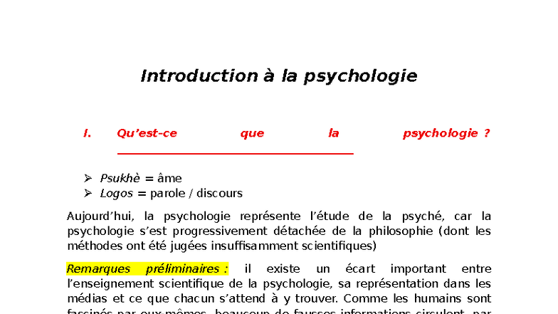 Introduction à la psychologie I : Concepts et Approches Fondamentales ...