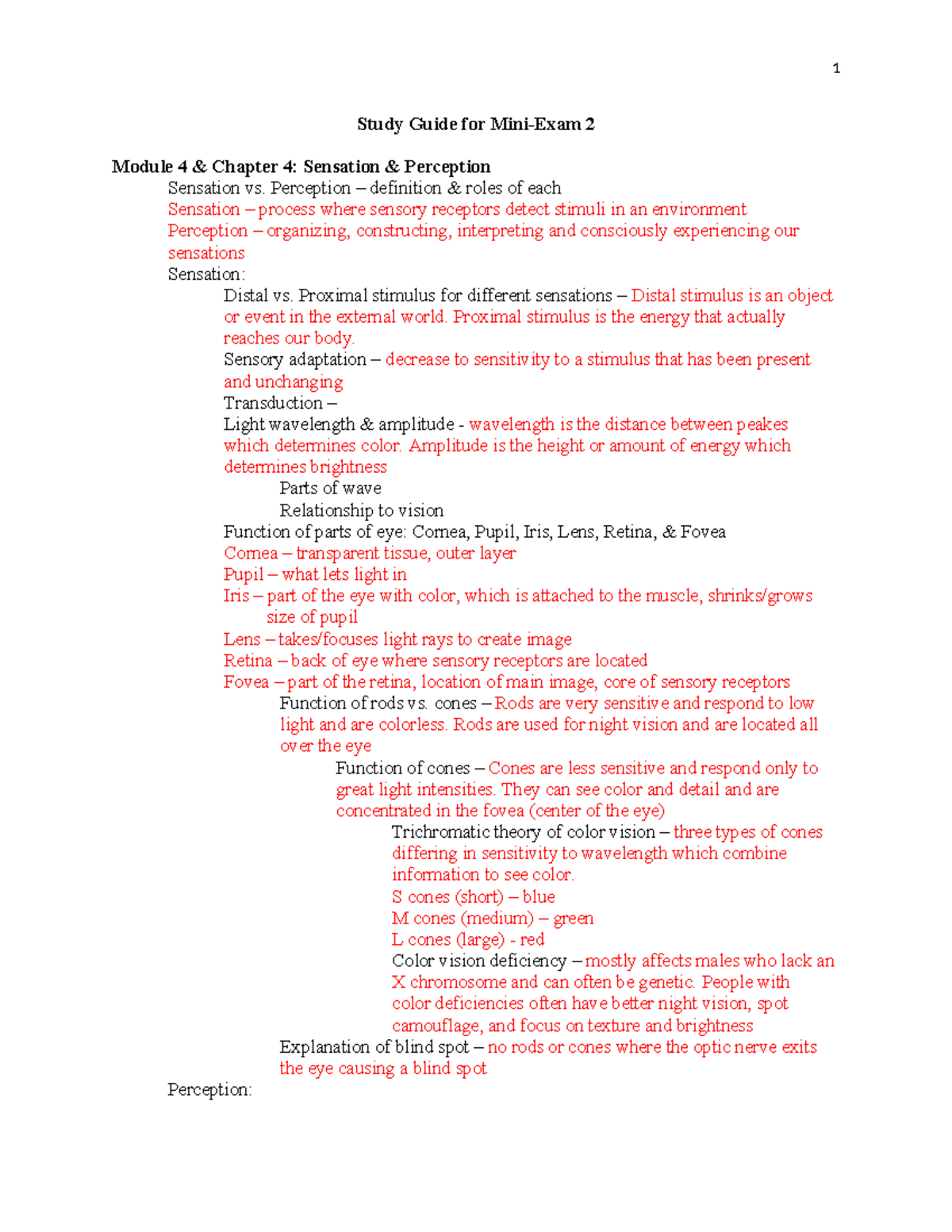 Study Guide for Mini-Exam 2: Sensation, Perception, and Memory Concepts ...