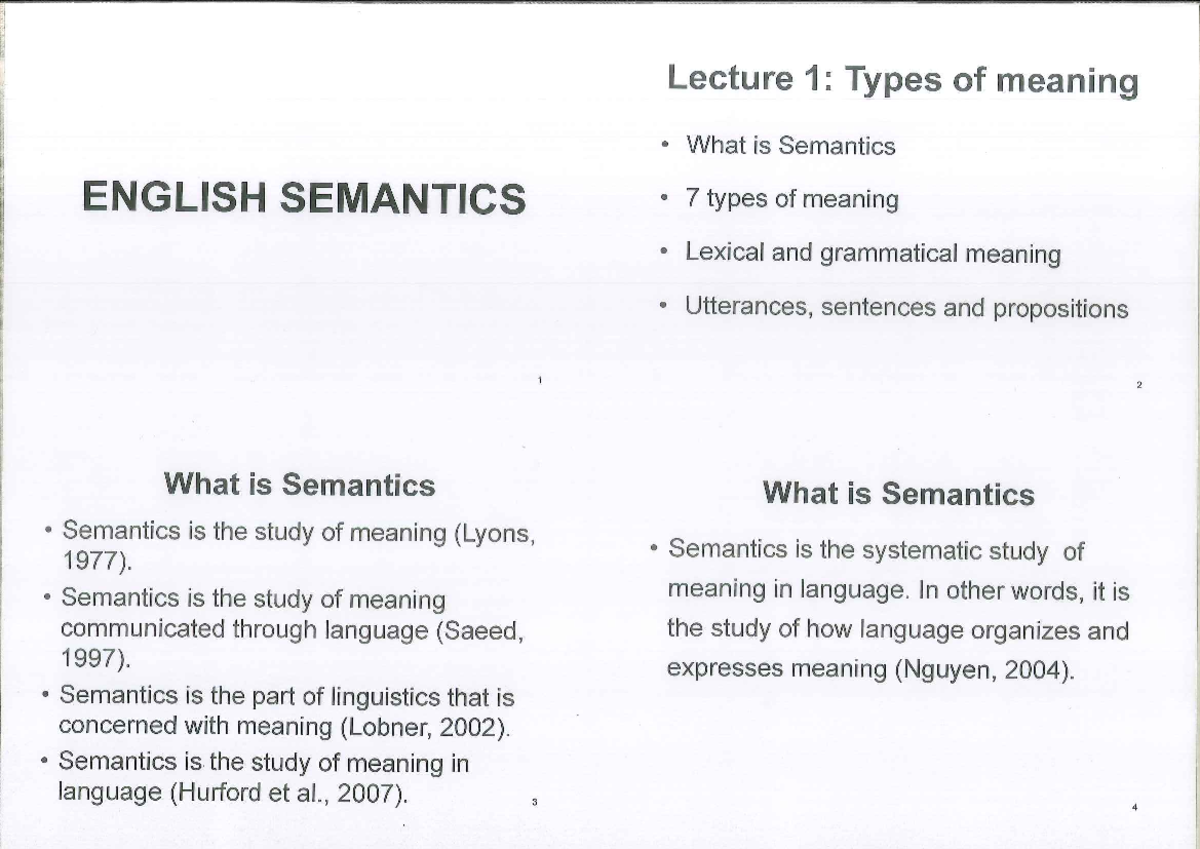 Lecture 1: Types of Meaning in Semantics - ENGLISH SEMANTICS - Studocu