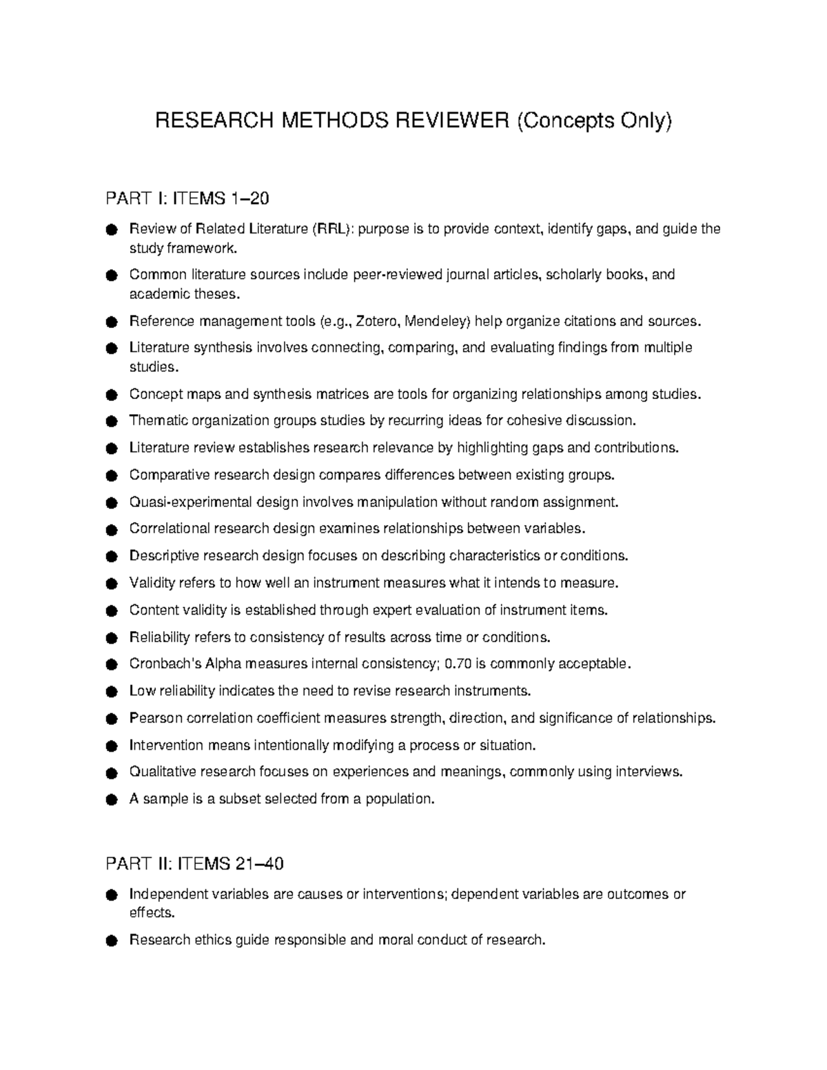 Research Methods Review (Concepts Only) - Part I & II - Studocu