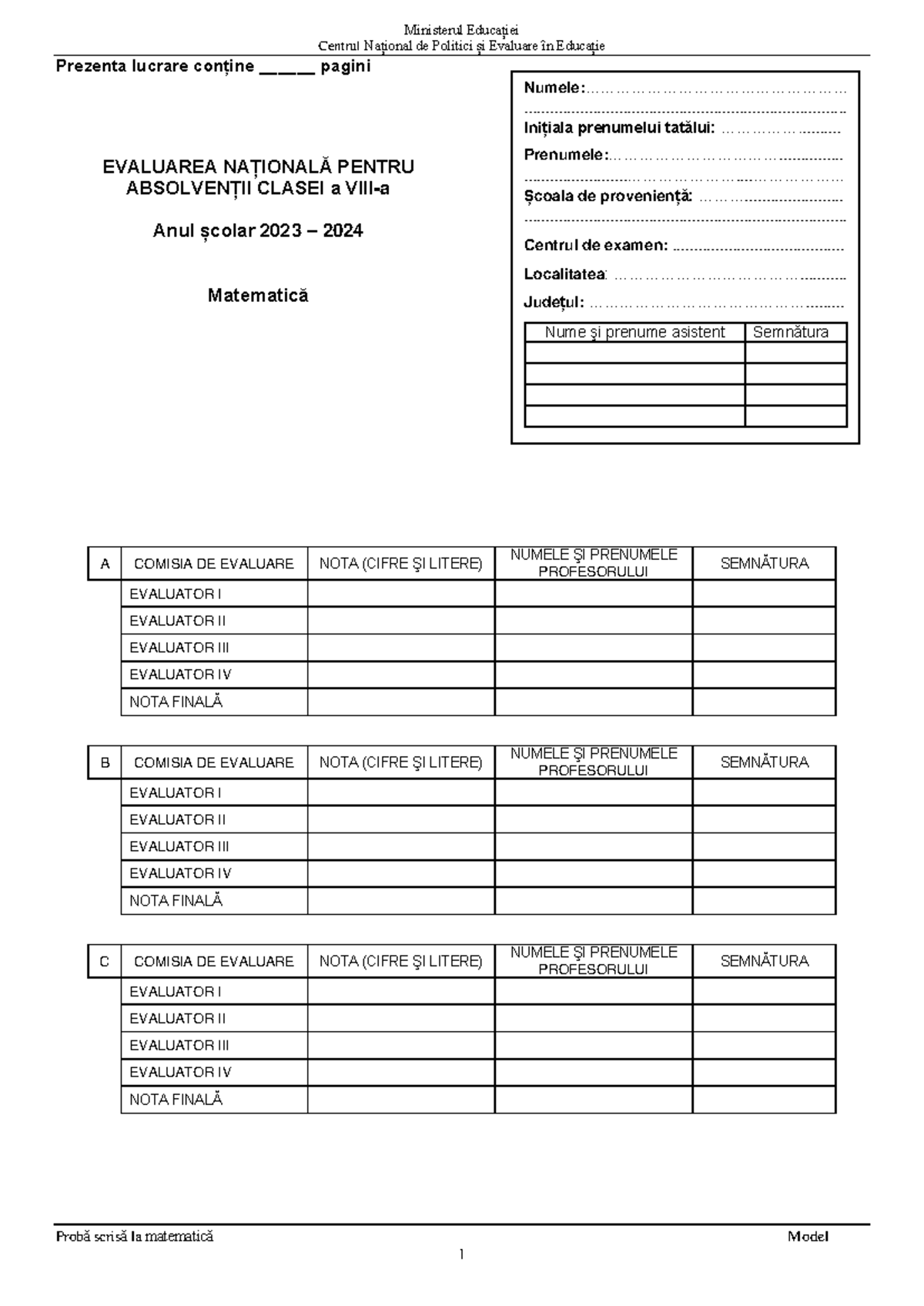 Evaluarea Națională 2024 - Probă Scrisă Matematică Model 1 - Studocu