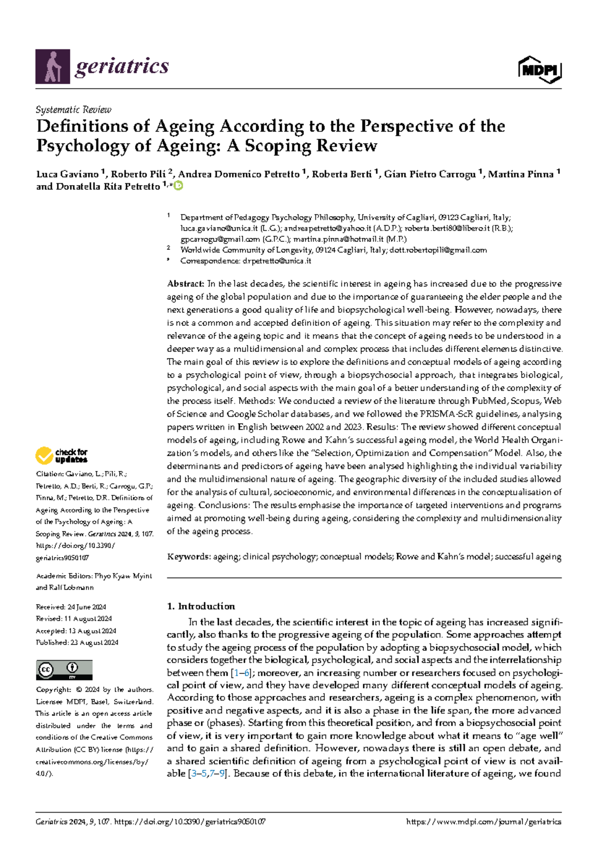 Geriatrics 905: A Scoping Review on Psychological Perspectives of ...