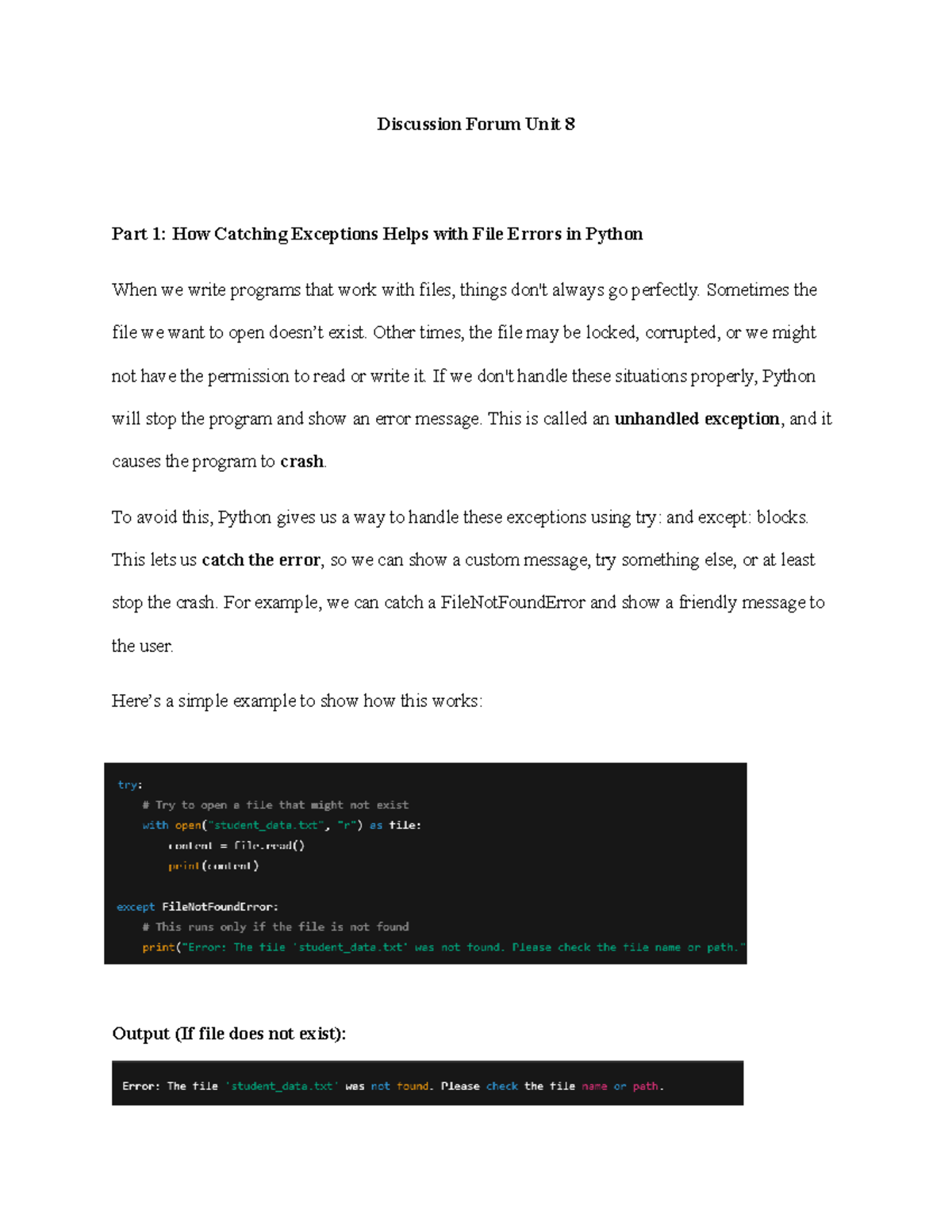 Discussion Forum Unit 8: Handling File Errors in Python - Studocu