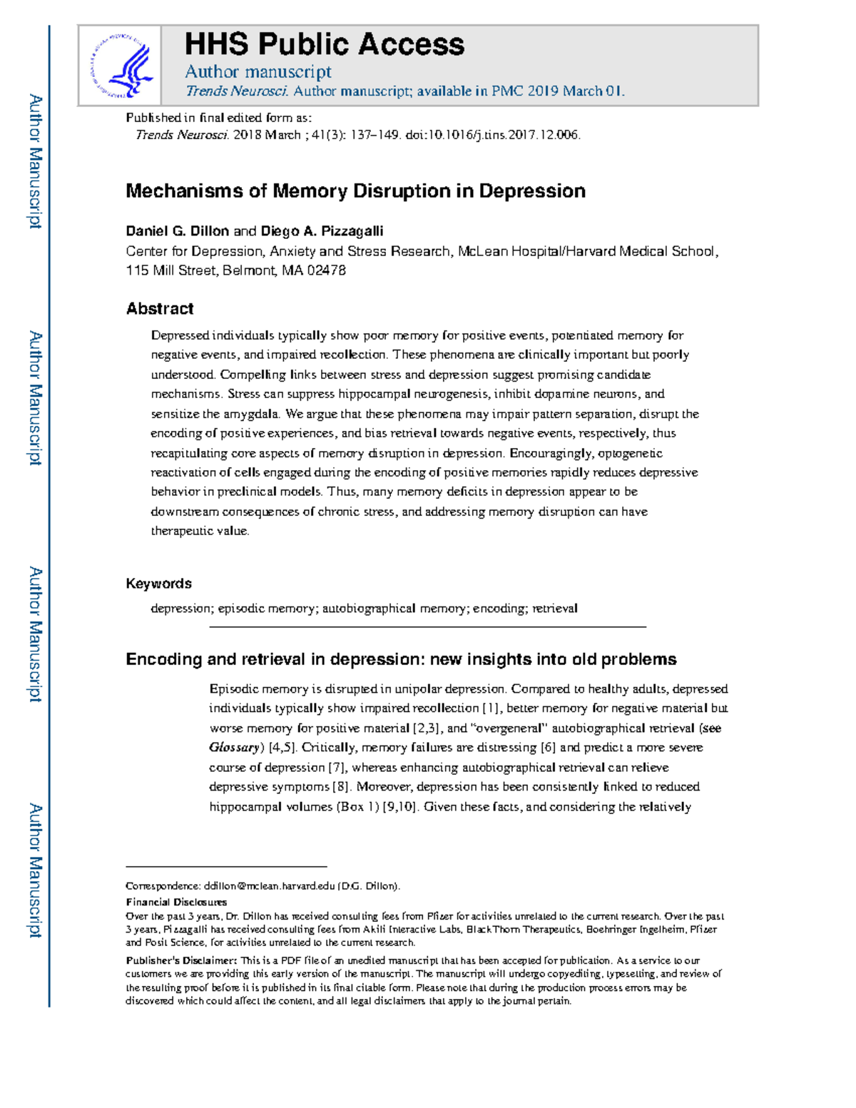 Mechanisms of Memory Disruption in Depression: Insights from Dillon ...