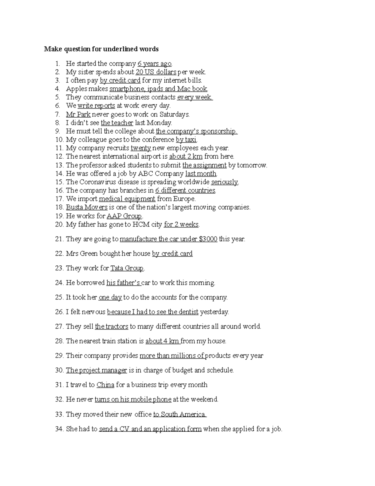 Questions for Underlined Words in English Language Concepts - Studocu