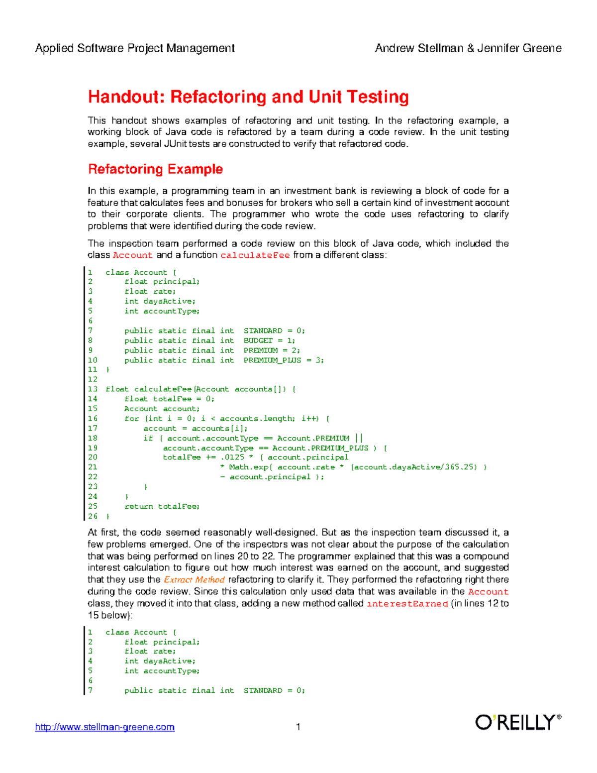 Applied Software Project Management: Refactoring & Unit Testing Handout ...