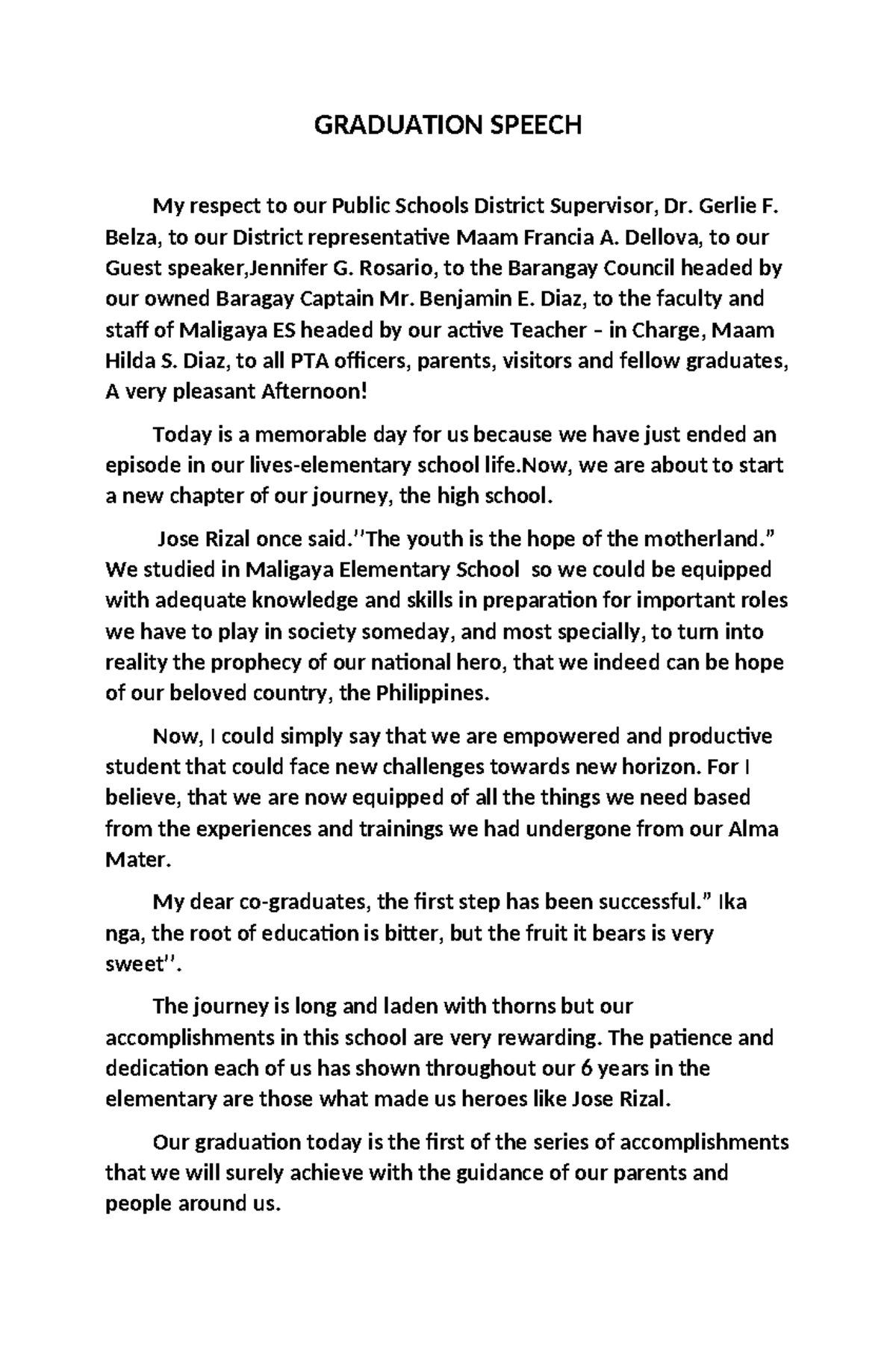 Graduation Speech: A Tribute to Our Journey at Maligaya ES - Studocu