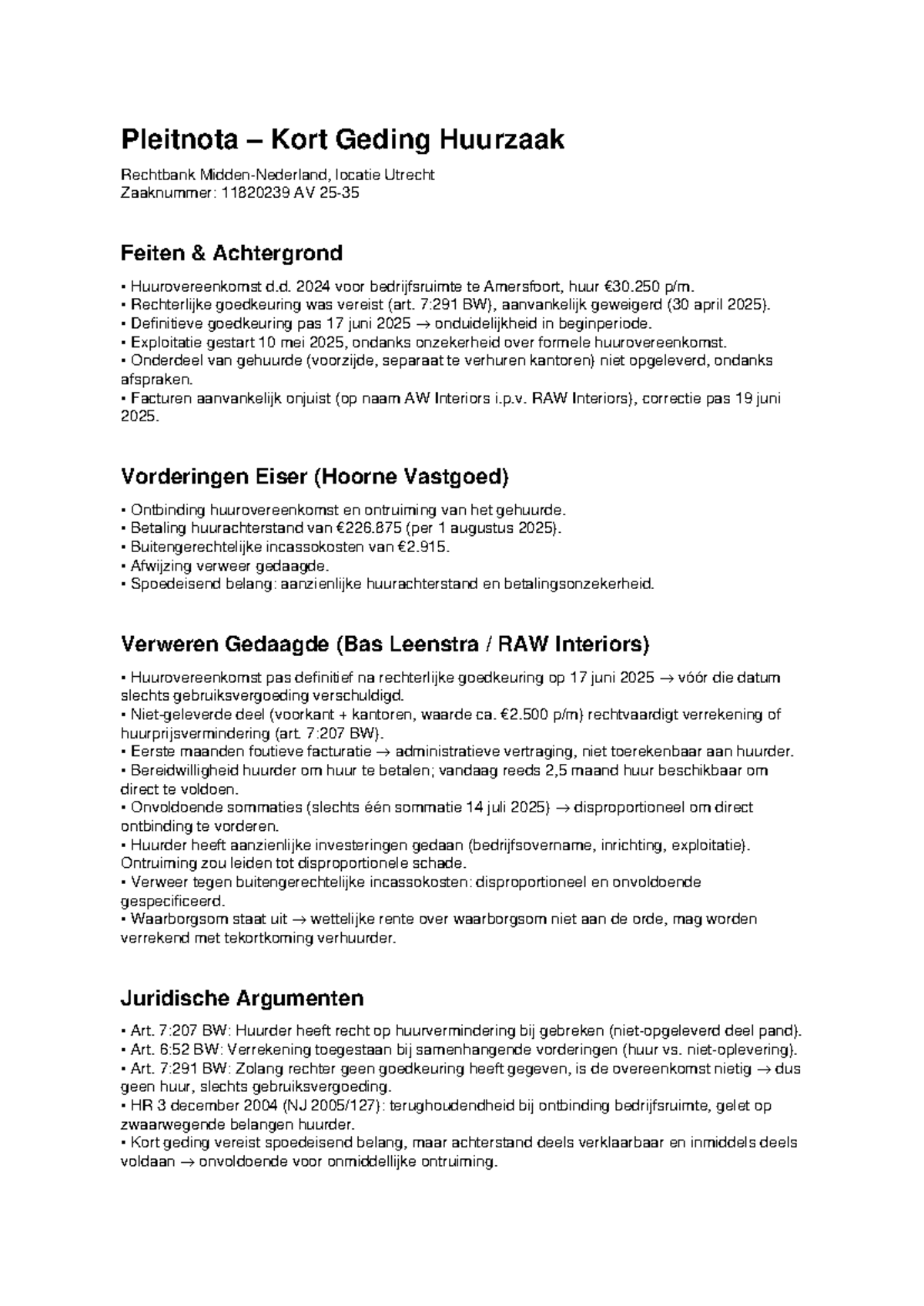 Pleitnota Kort Geding Huurzaak Rechtbank Utrecht Zaaknr. 11820239 ...