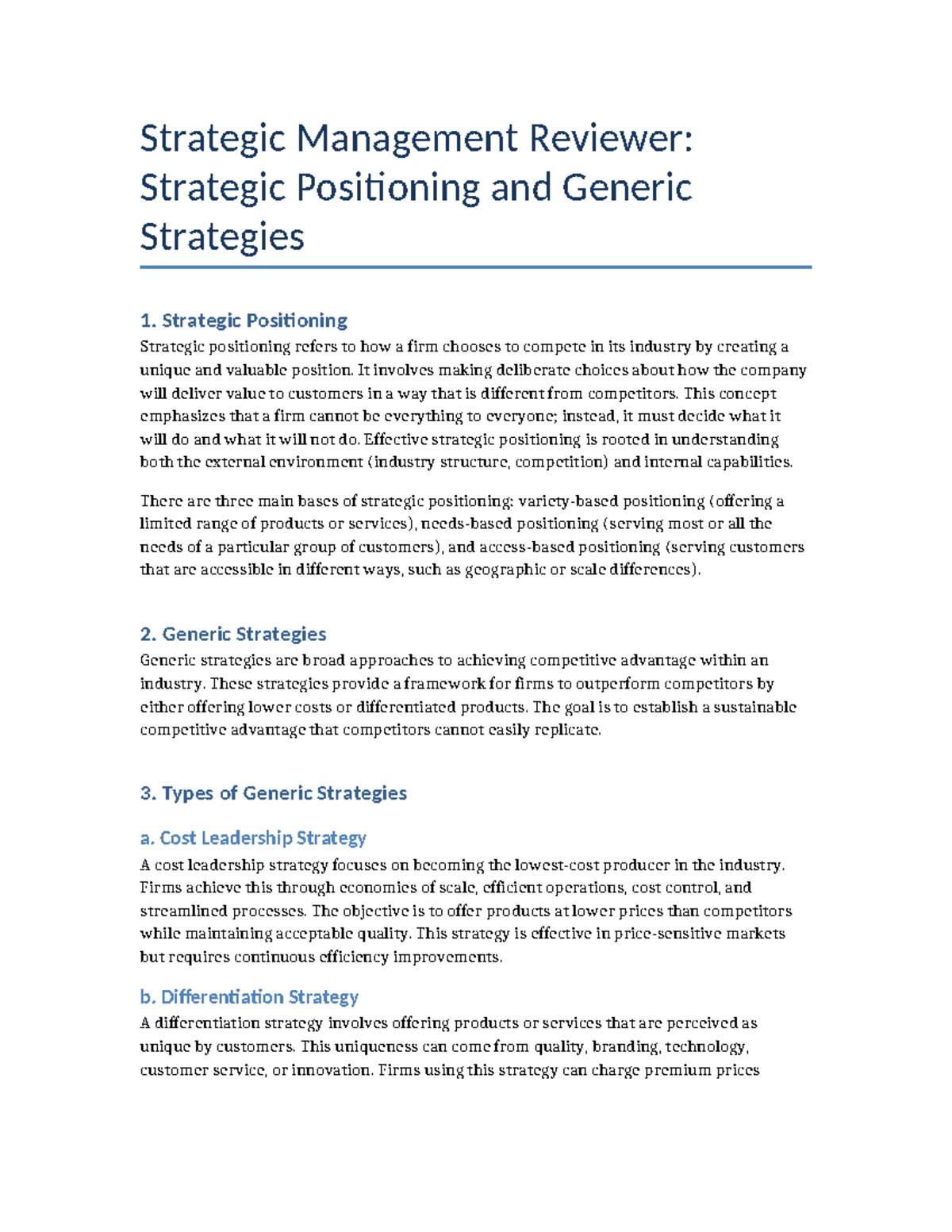 Strategic Management Review: Positioning & Generic Strategies - Studocu