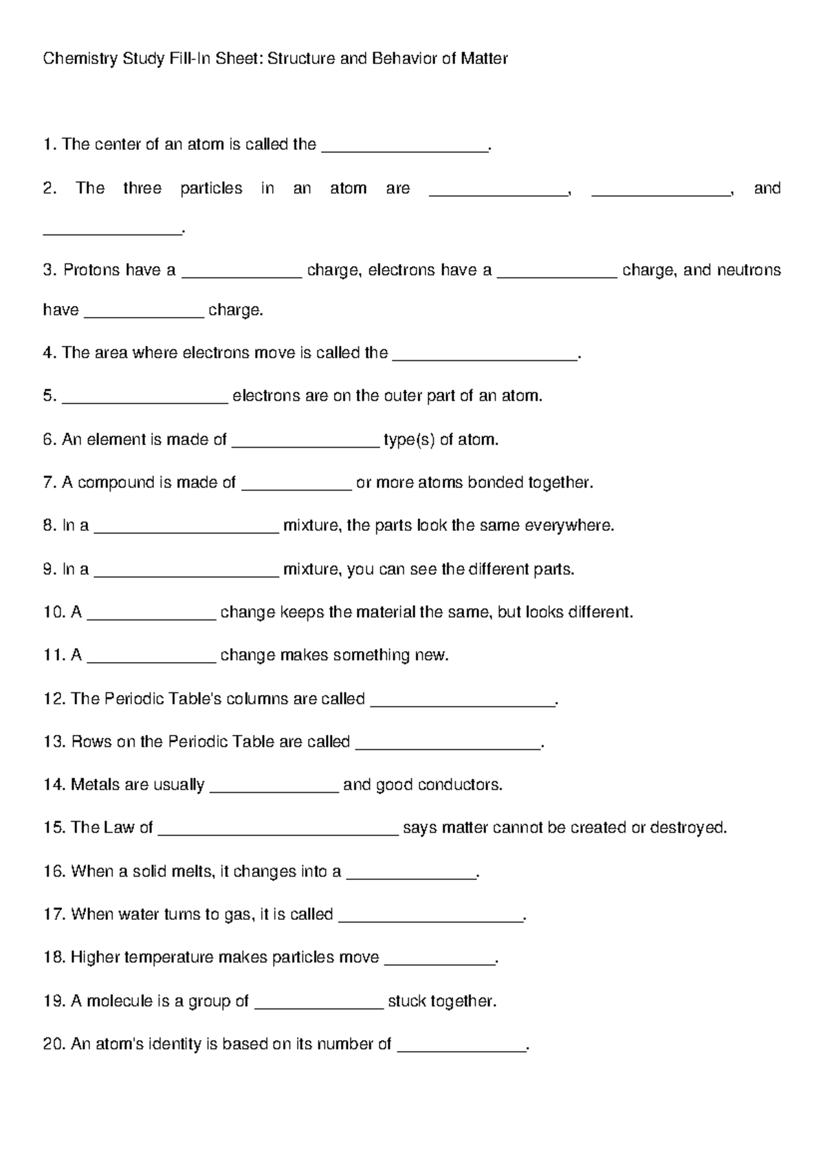 Chemistry Study Sheet - Chemistry Study Fill-In Sheet: Structure and ...