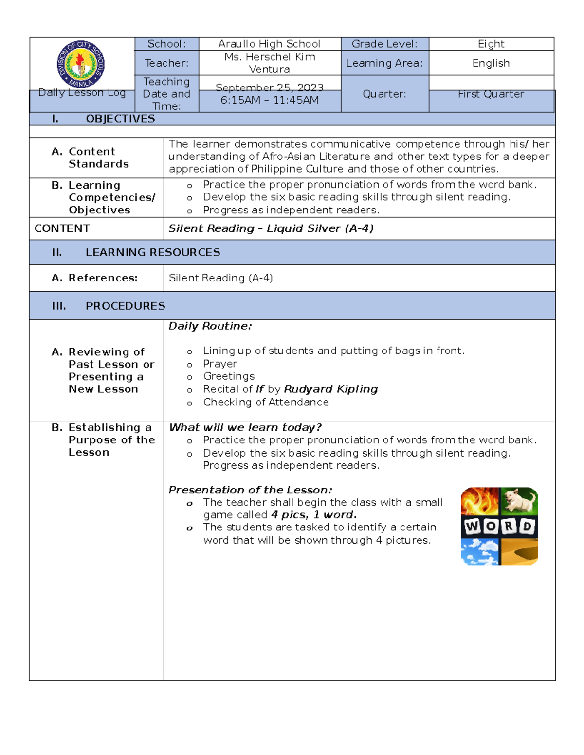 LESSON PLAN: SILENT READING SKILLS FOR GRADE 8 ENGLISH - Studocu