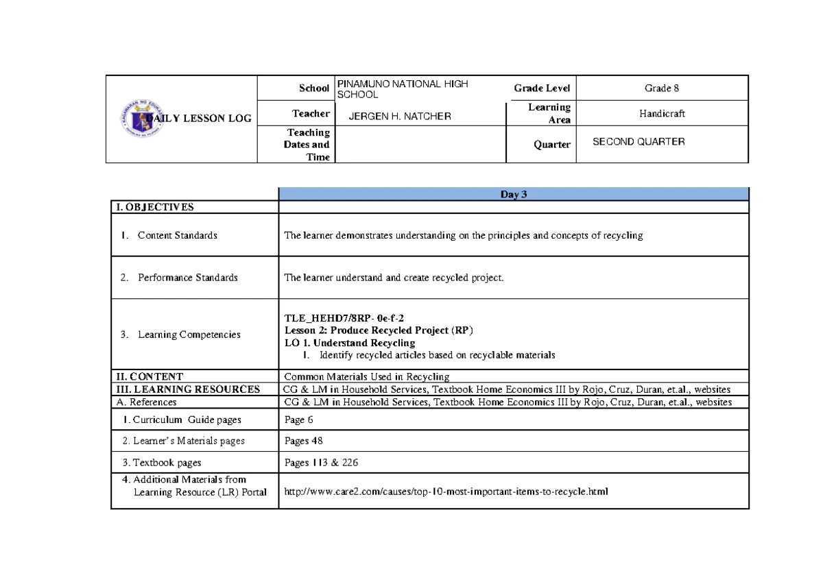 TLE_AFPA7/8UT - Daily Lesson Plans for Technology and Livelihood ...