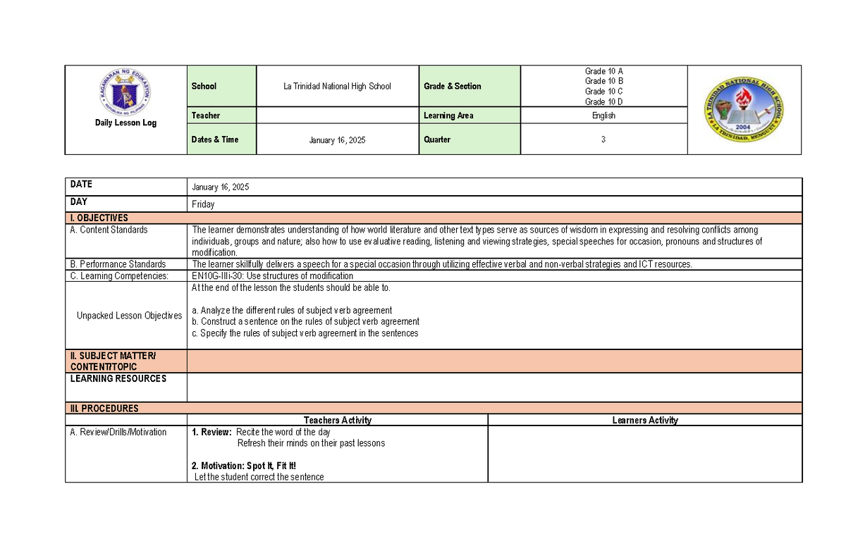 Grade 10 English Lesson Log: Subject-Verb Agreement (Q3) - Studocu