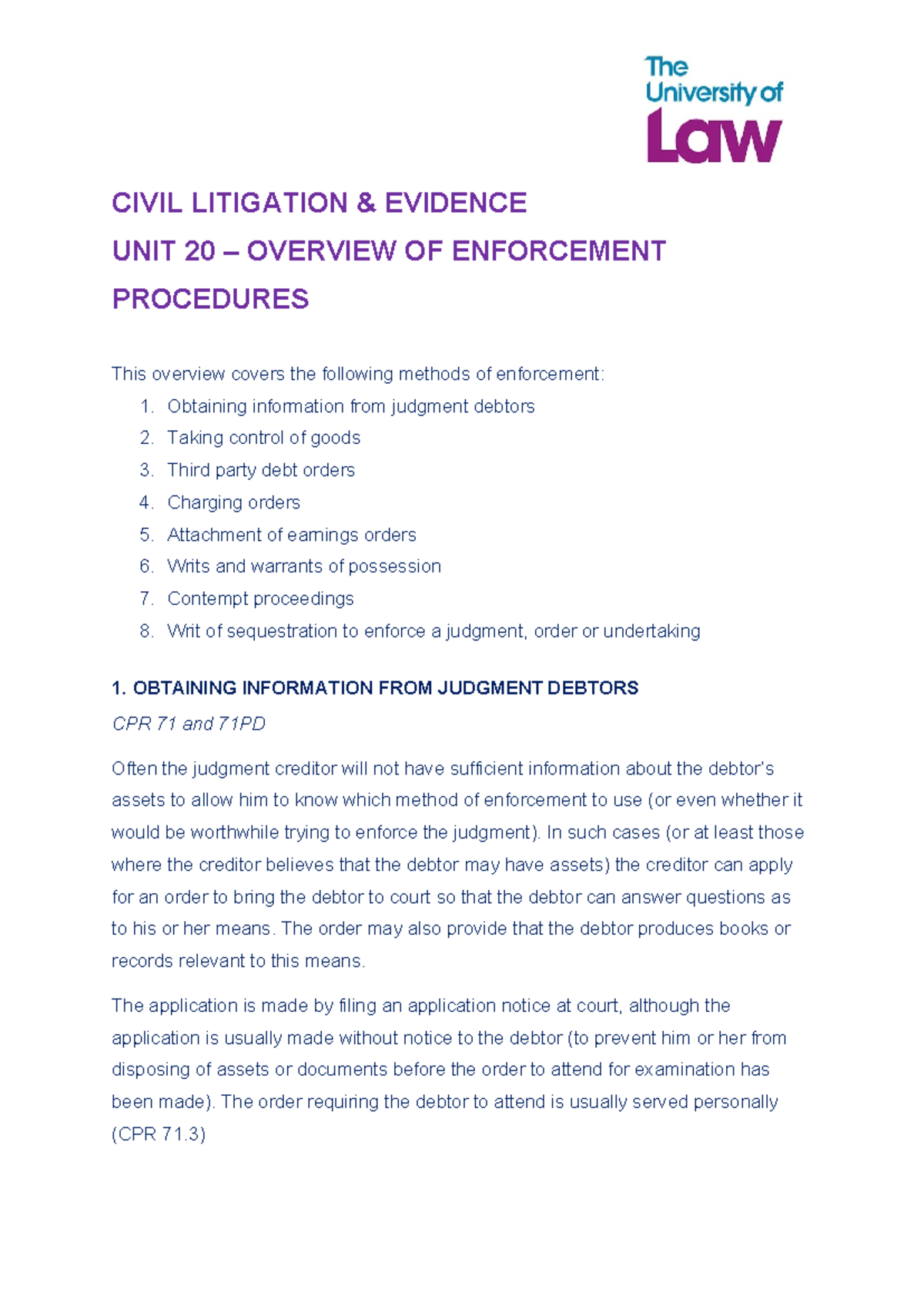 CIVIL LITIGATION UNIT 20: OVERVIEW OF ENFORCEMENT PROCEDURES - Studocu