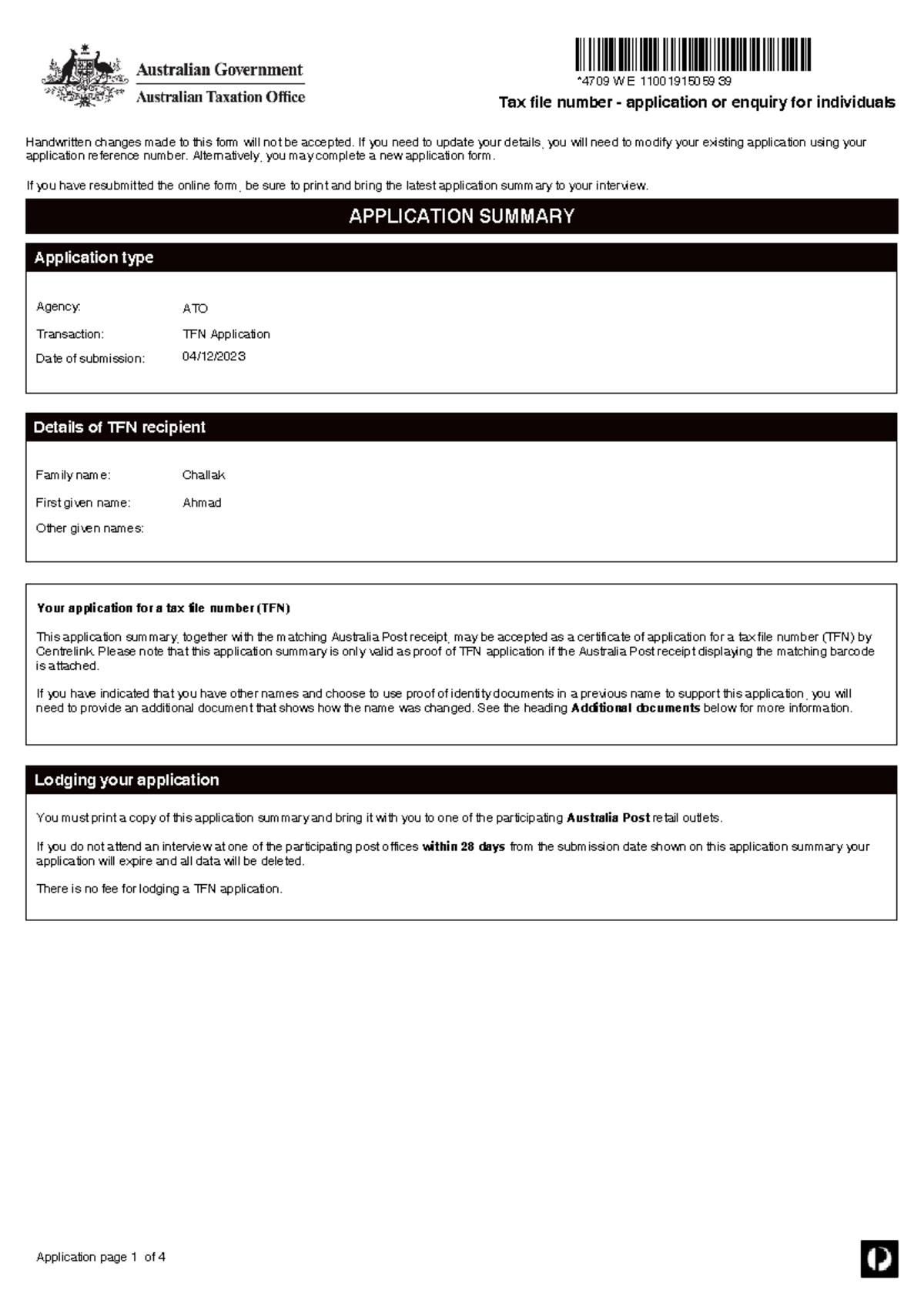 W E 11001915059 - TFN Application Summary and Guidelines - Studocu