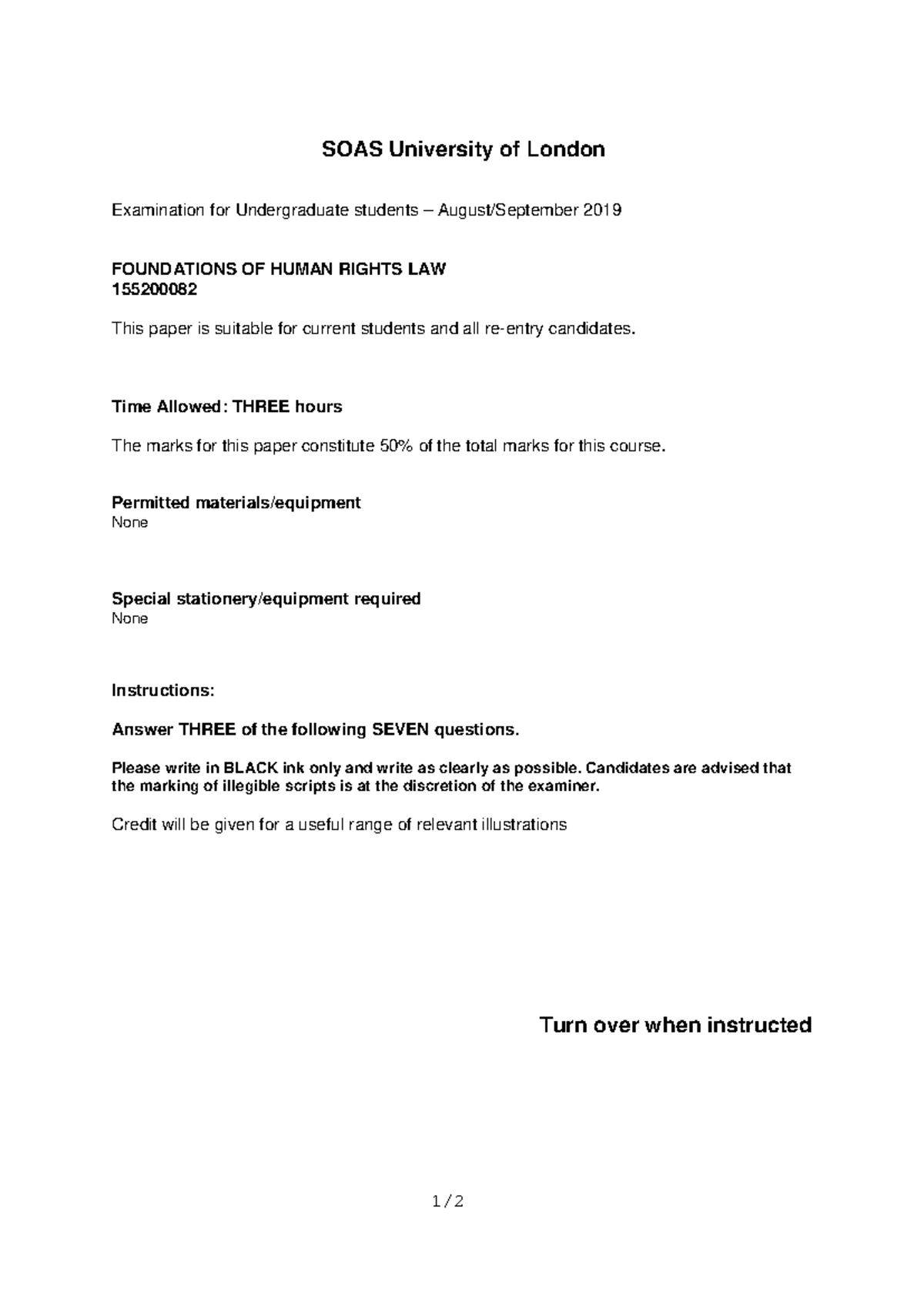 FOUNDATIONS OF HUMAN RIGHTS LAW 2019 Exam - SOAS 1552000 - Studocu