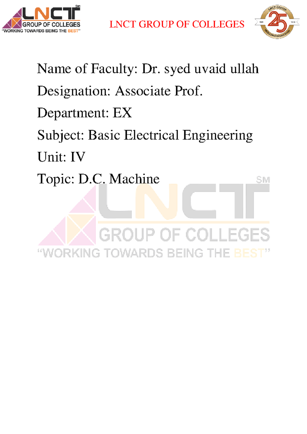 BT-104 BEEE Unit IV Notes on D. Machines by Dr. Syed Uvaidullah - Studocu