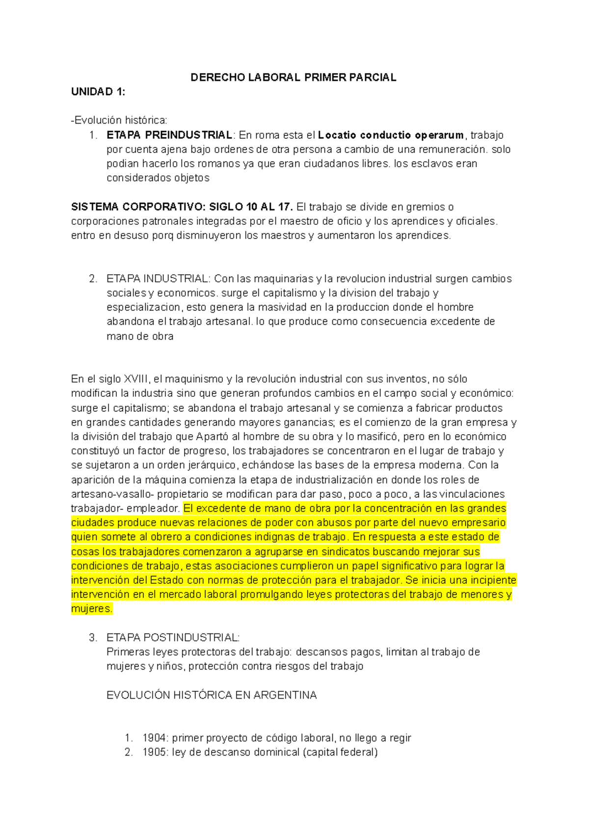 Derecho Laboral: Primer Parcial - Unidad 1 y Evolución Histórica - Studocu