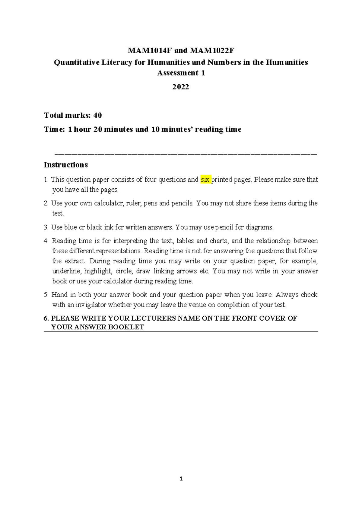 MAM1014F and MAM1022F Quantitative Literacy for Humanities Assessment 1 ...