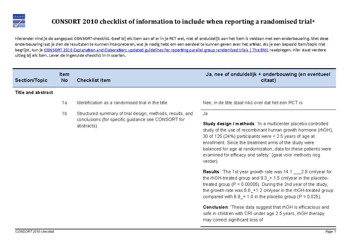 ZSO CAT 2 CONSORT 2010 Checklist for Reporting RCTs - Studeersnel