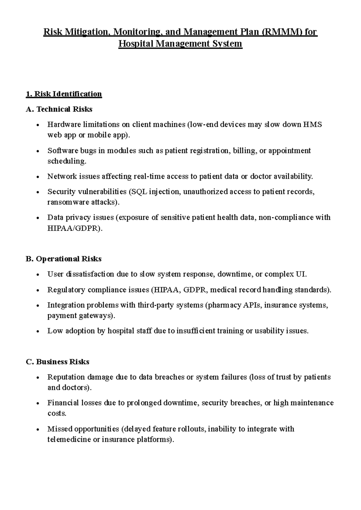 Risk Mitigation and Management Plan for Hospital Management System ...