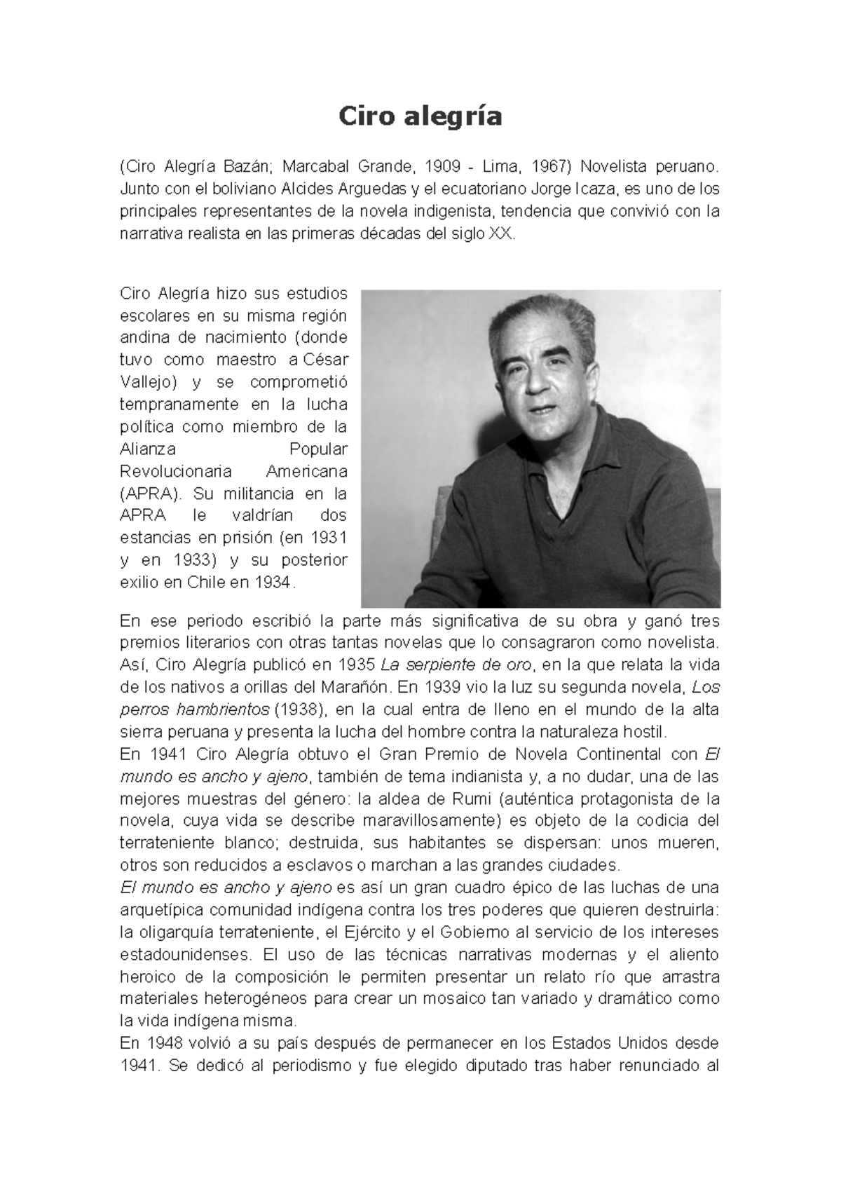 Ciro Alegría: Biografía del Gran Novelista Peruano - Studocu