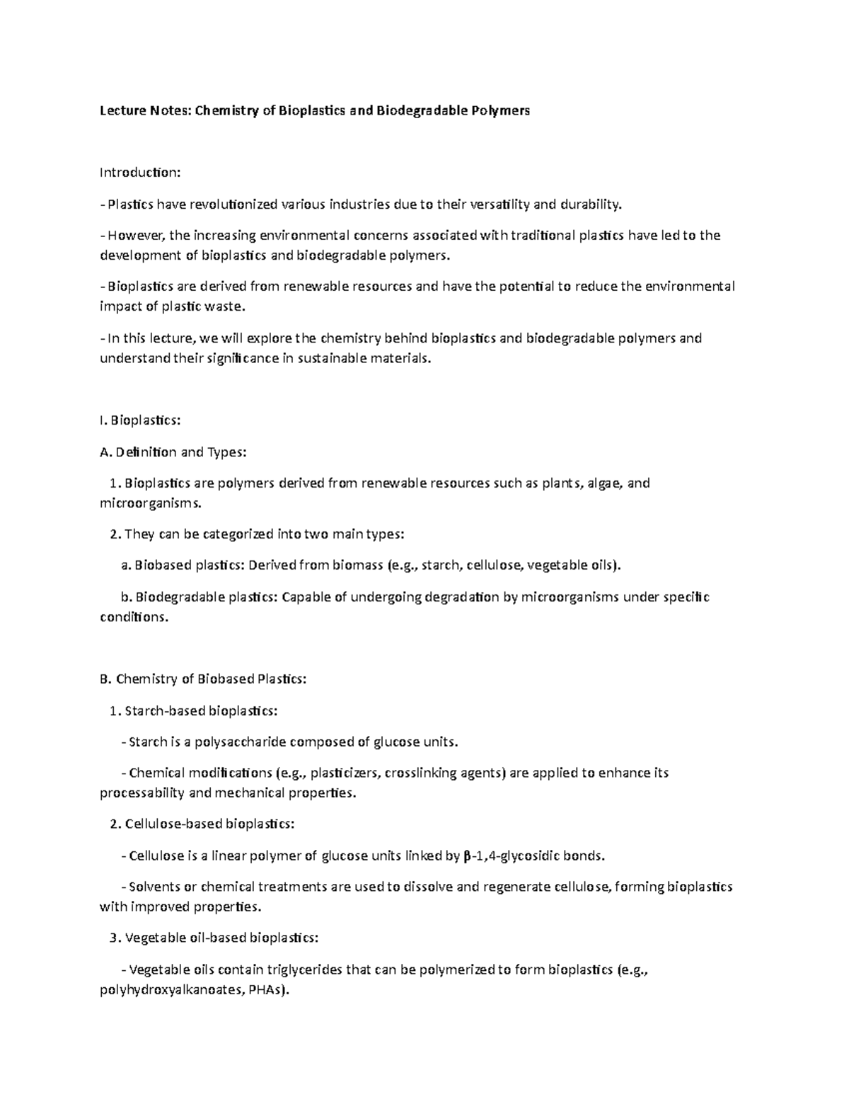 Lecture Notes: Chemistry of Bioplastics and Biodegradable Polymers ...