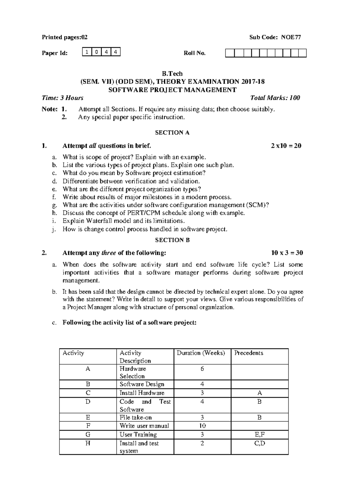 Software Project Management Theory Exam NOE77 - B.Tech SEM VII - Studocu