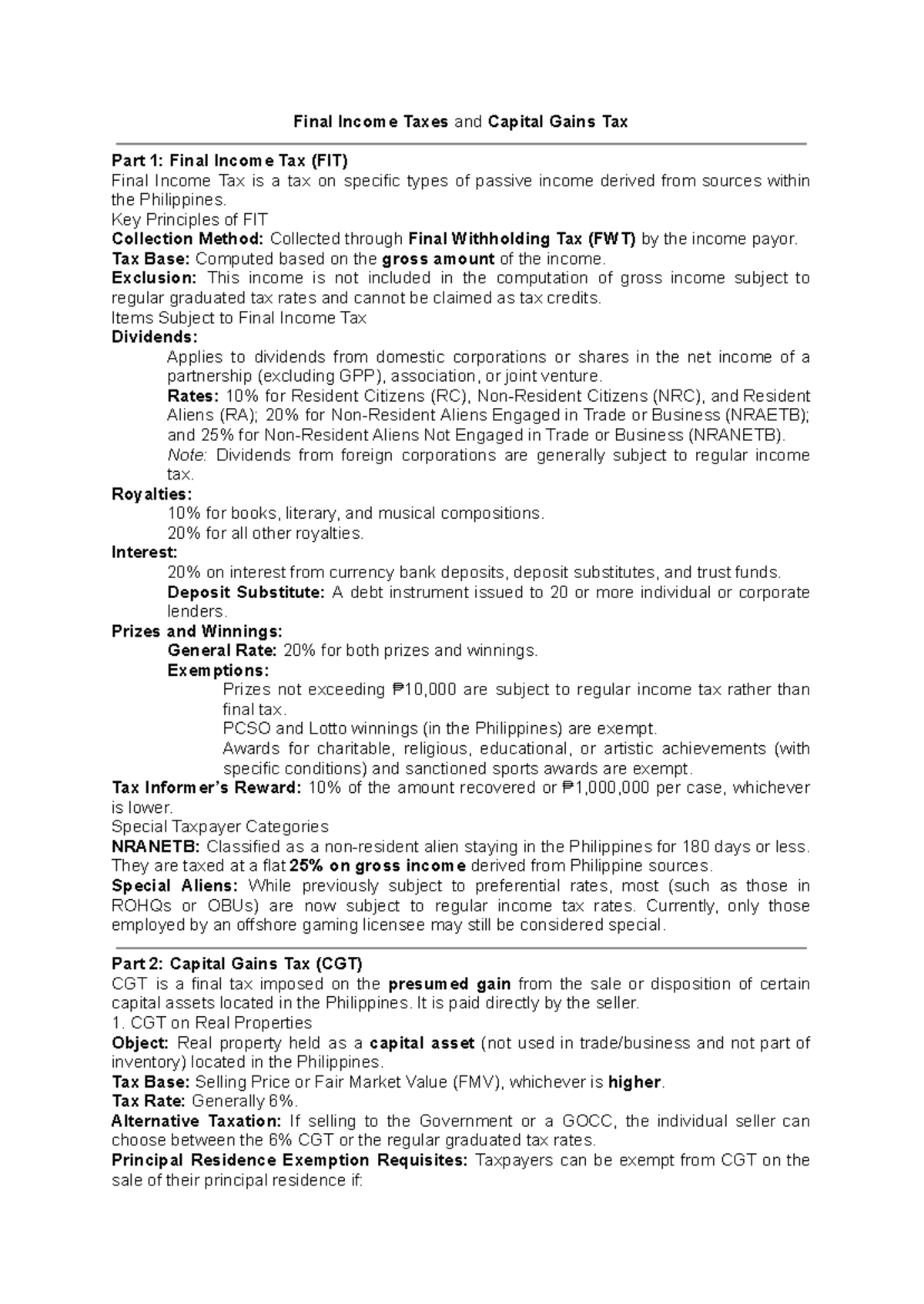 Final Exam: Income Taxes & Capital Gains Tax (FIT & CGT) - Studocu