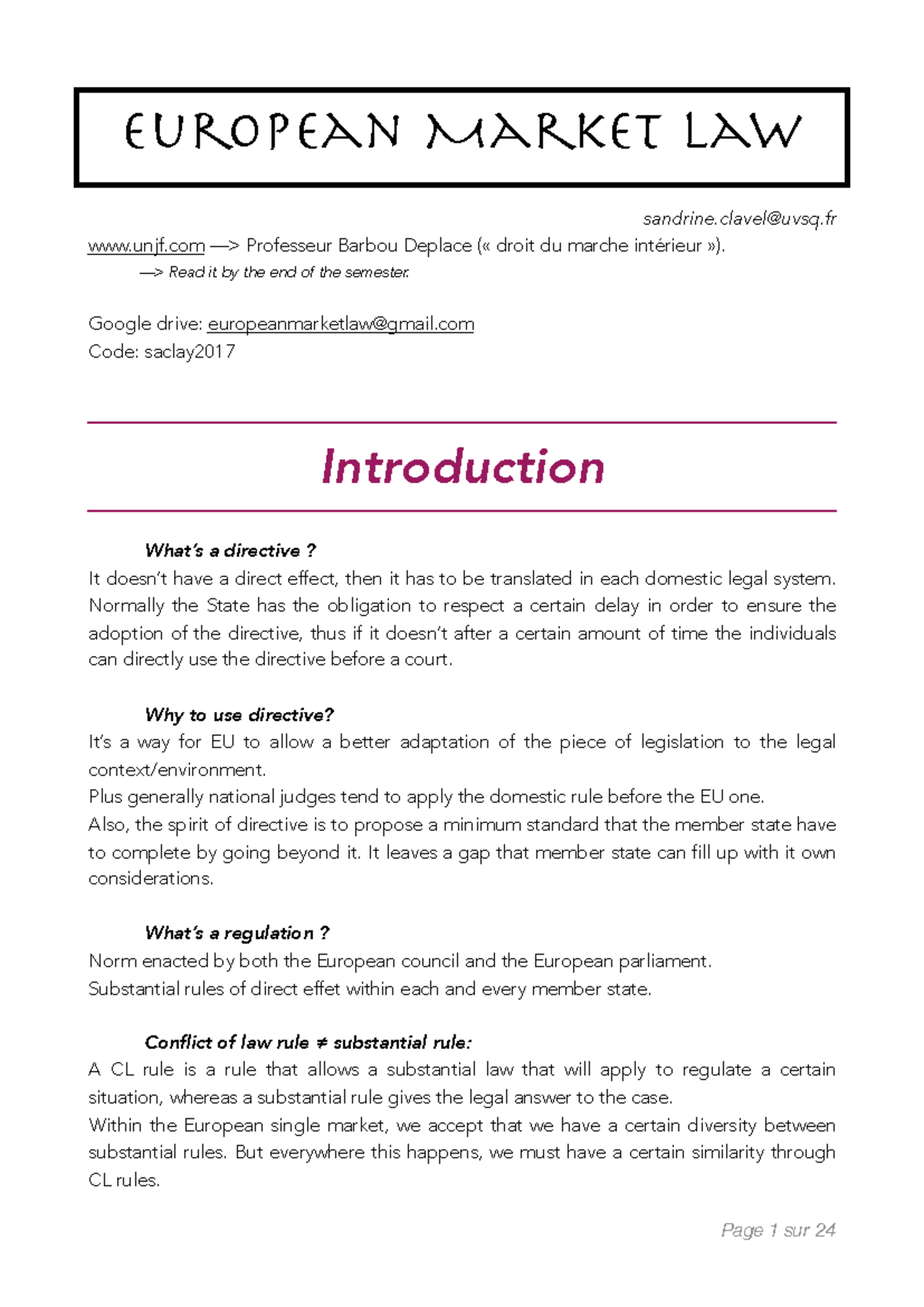 European Market Law Overview and Key Concepts (SACLAY) - Studocu