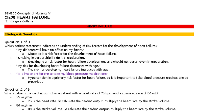 BSN366 Concepts of Nursing IV Chp38 Heart Failure Study Guide - Studocu