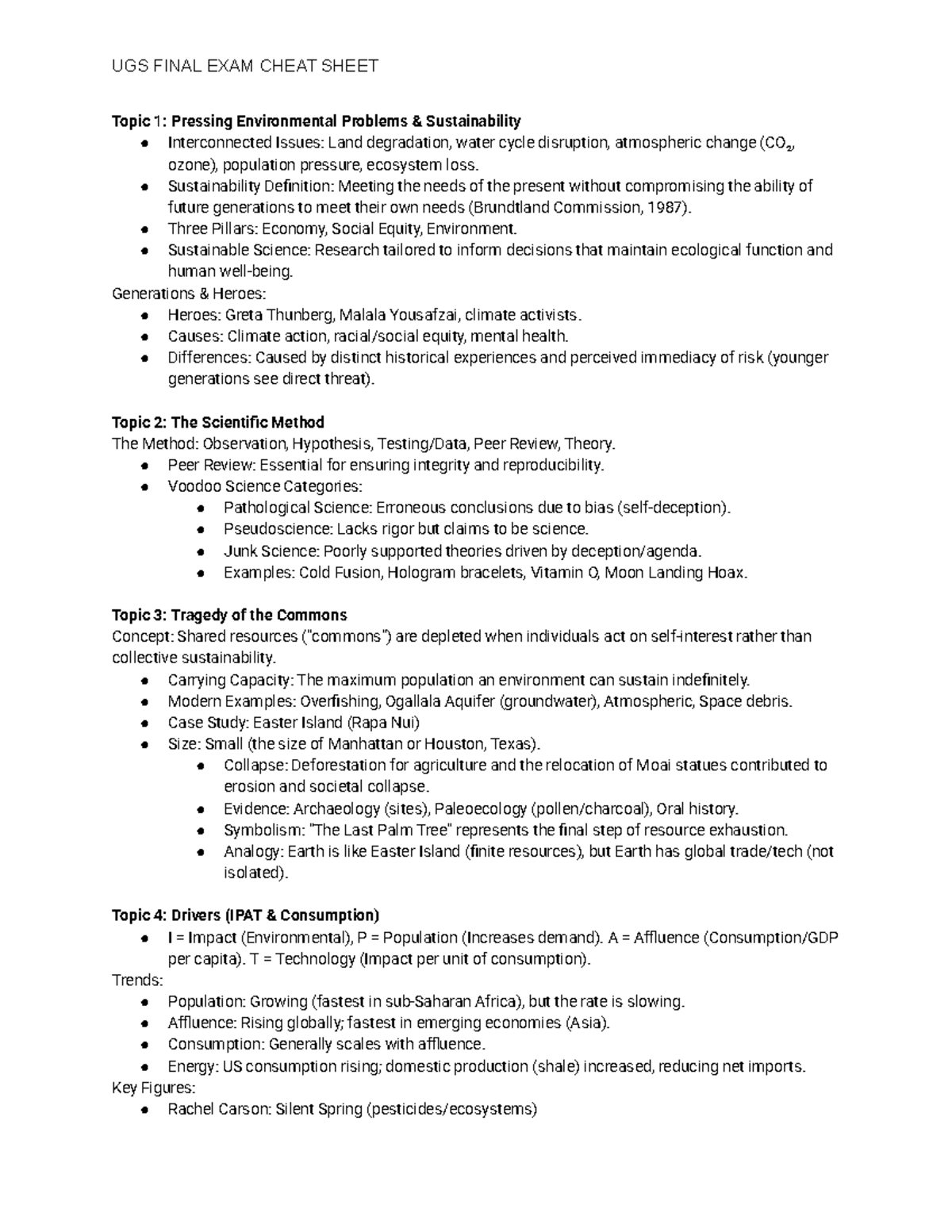 UGS FINAL EXAM CHEAT SHEET: Key Topics in Environmental Science - Studocu