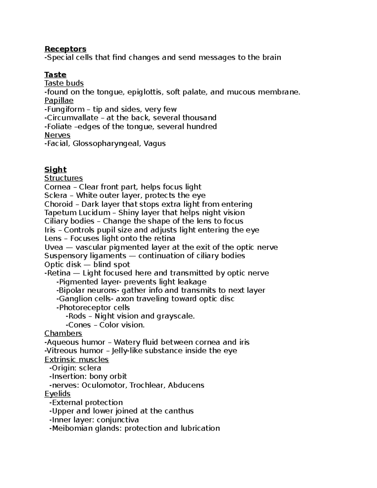 Bio 101: Sensory Mechanisms and Balance - Lecture Notes - Receptors ...