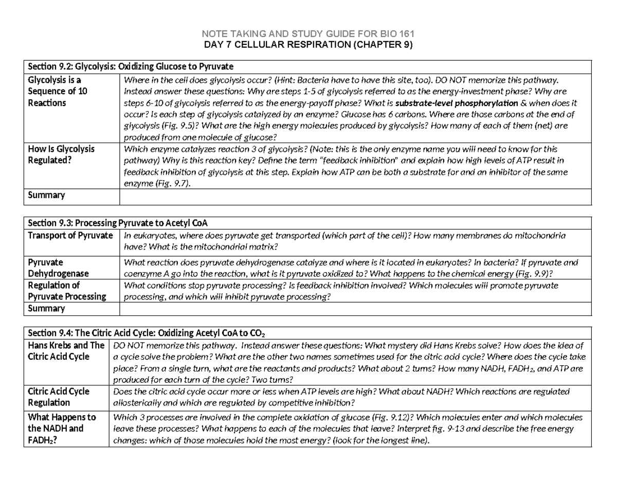 Final Exam Study Guide for Course BIO 161: Cellular Respiration ...