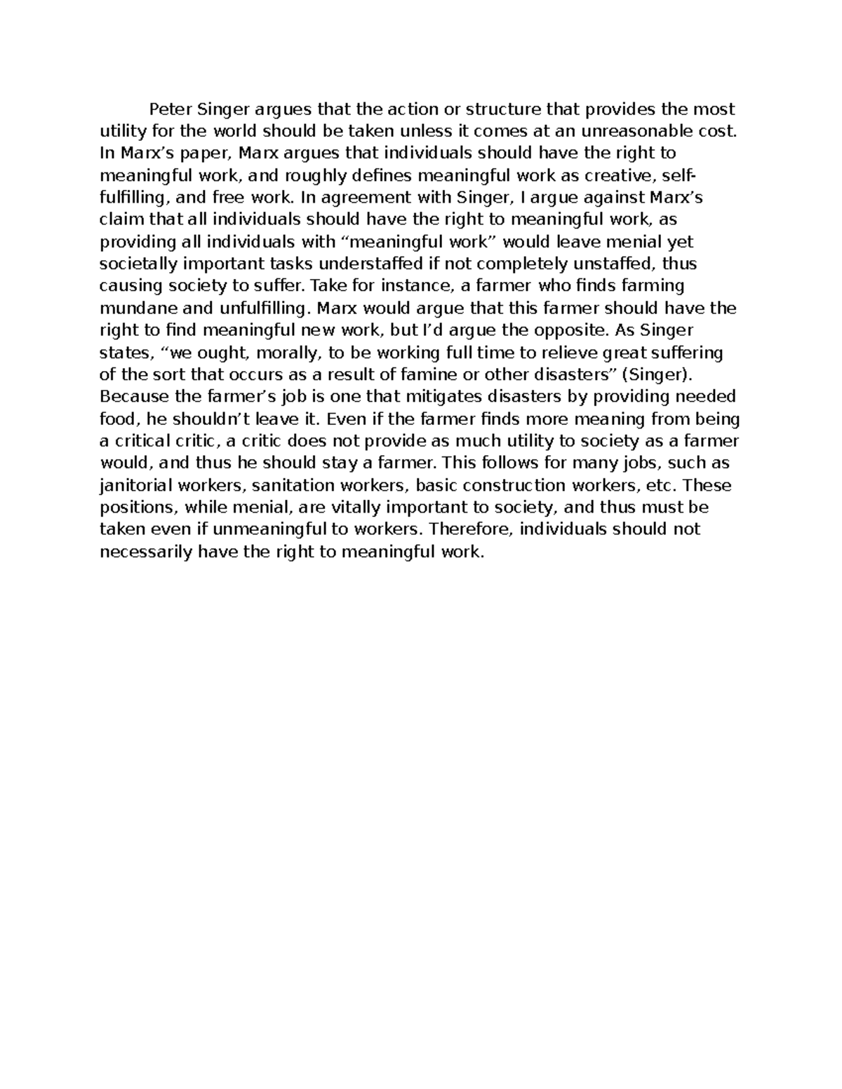 PHIL 101 Essay: The Right to Meaningful Work vs. Utility - Studocu