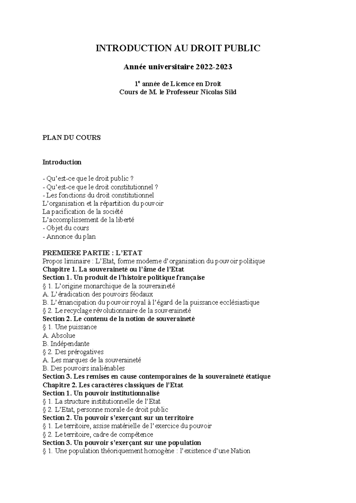 Plan du cours - INTRODUCTION AU DROIT PUBLIC Année universitaire 2022 ...