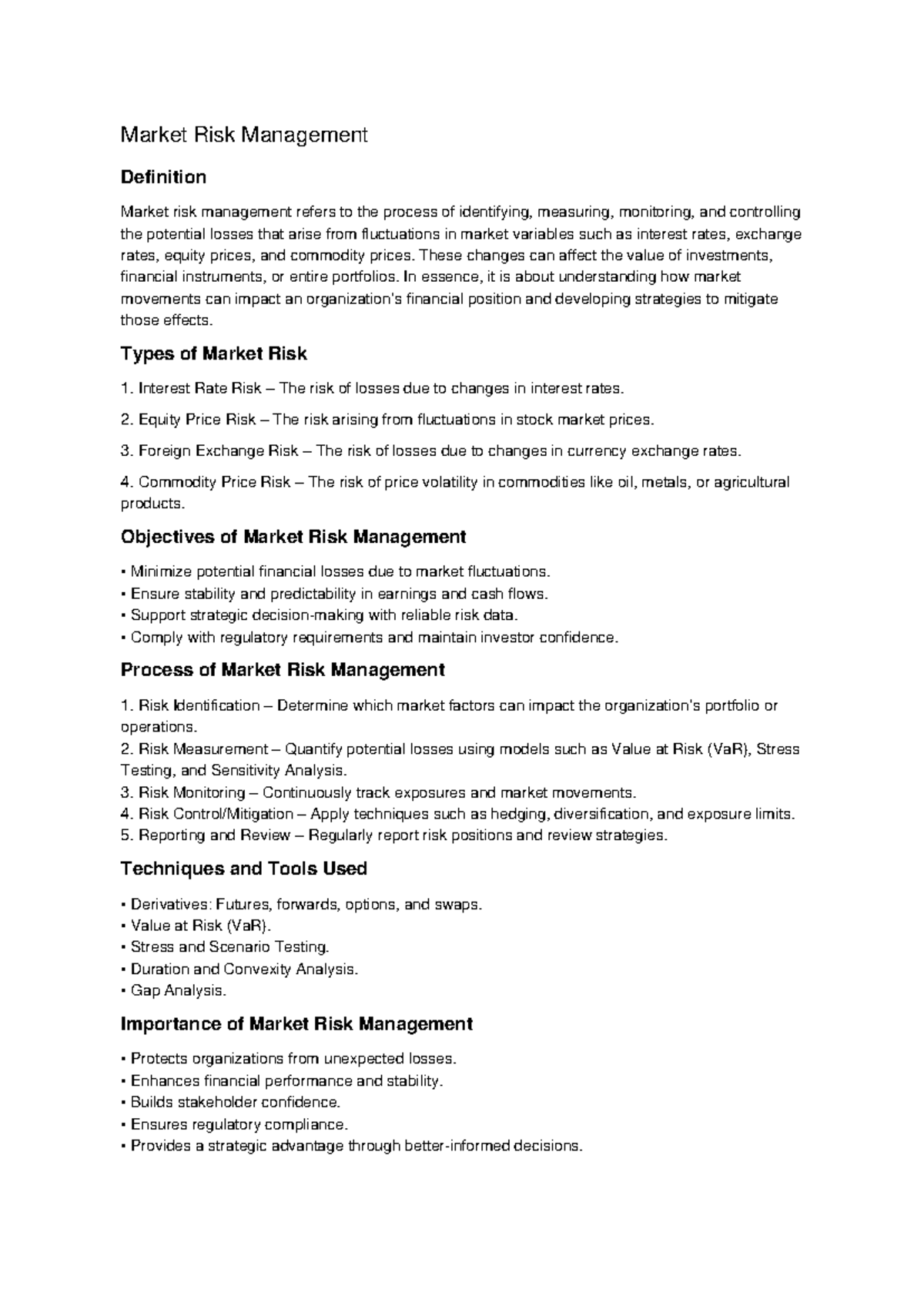 Market Risk Management Overview and Key Strategies - Studocu