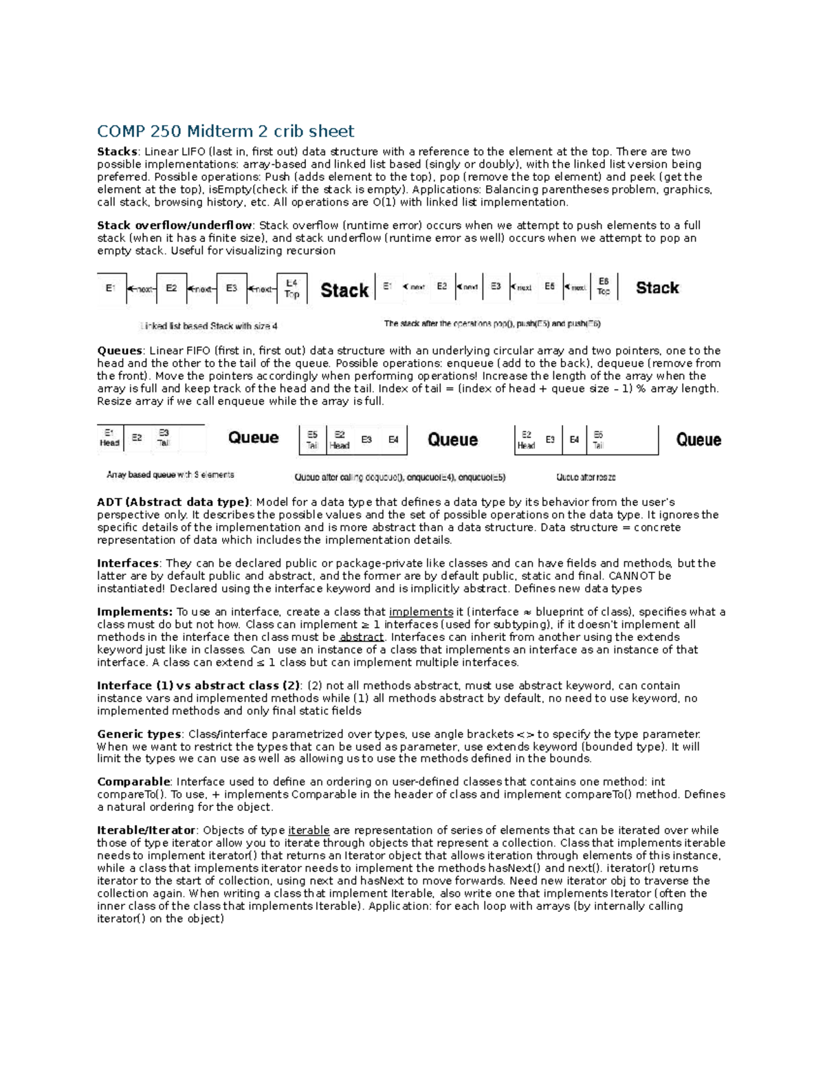 COMP 250 Midterm 2 Crib Sheet: Stacks, Queues, and Recursion Concepts ...