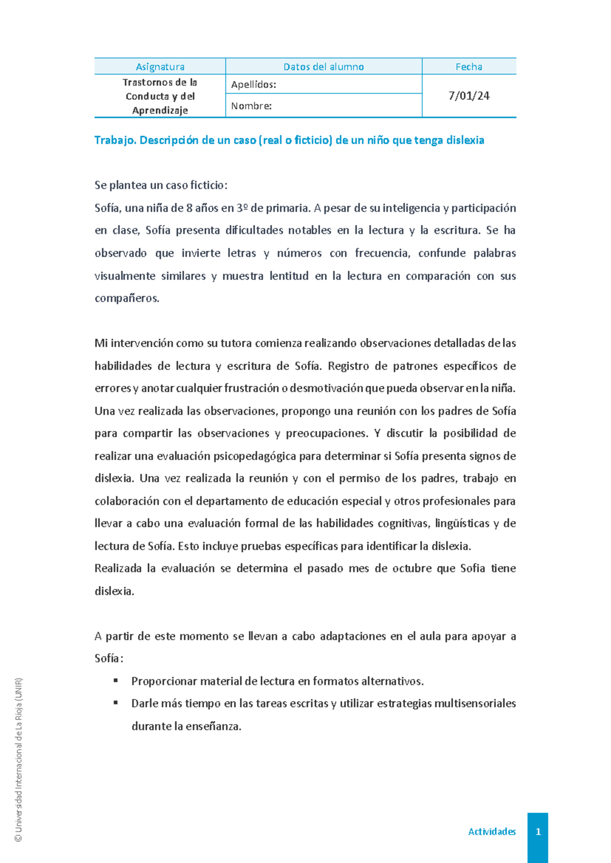 Caso de Dislexia en Niña: Intervención y Estrategias (UNIR) - Document Preview